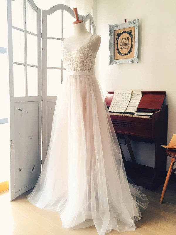 Gorgeous A-Line Sleeveless Tulle Sweep Train Wedding Dresses with Ribbon