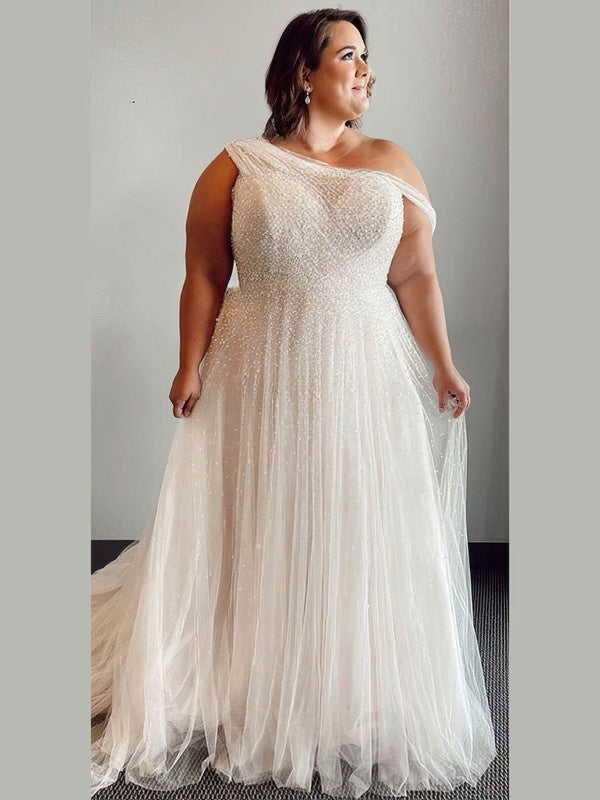 Charming Plus Size A-Line One Shoulder Tulle Wedding Dresses with Beads