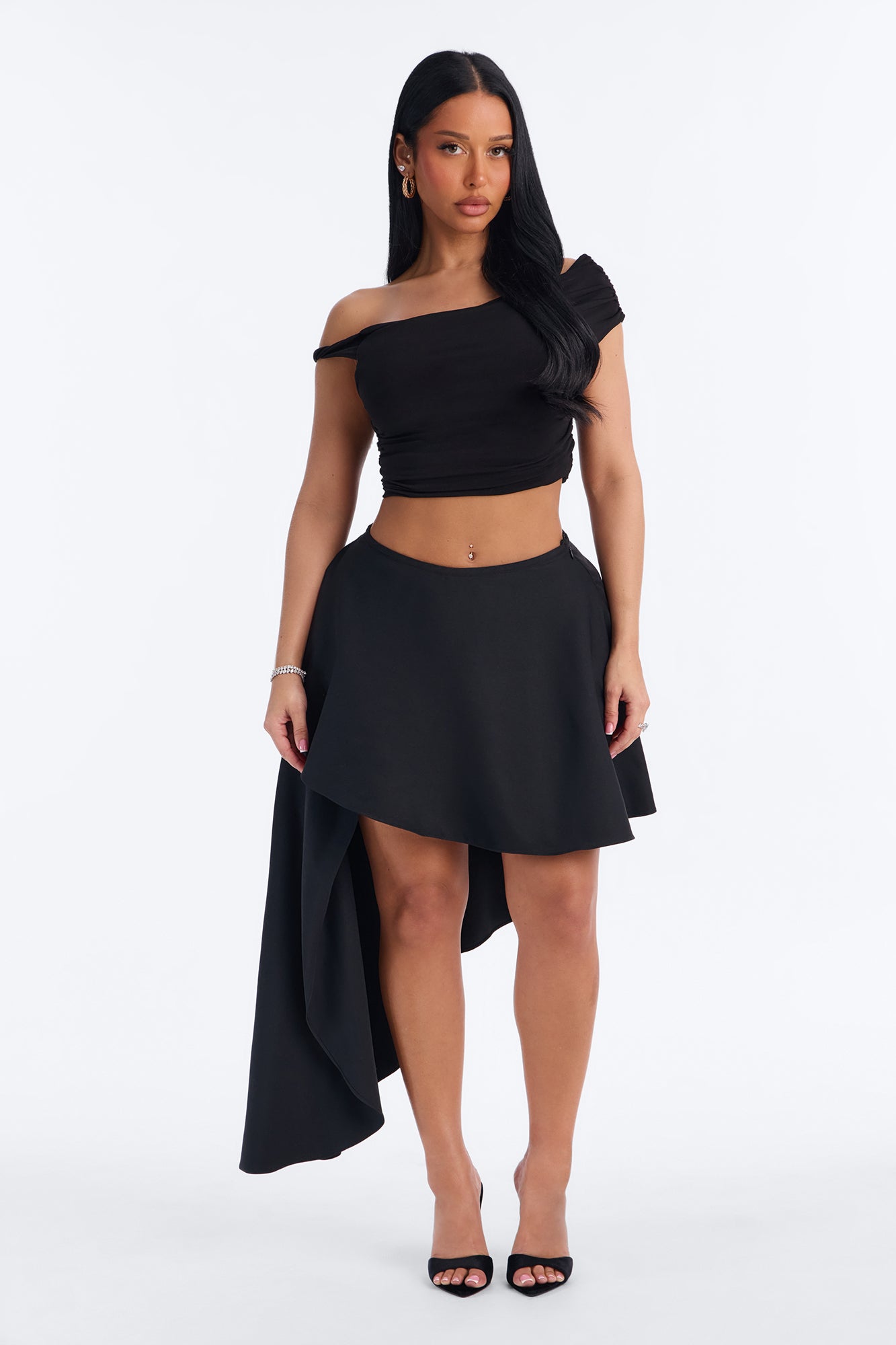 Brooklyn Layered Crepe Asymmetrical Midi Skirt - Black