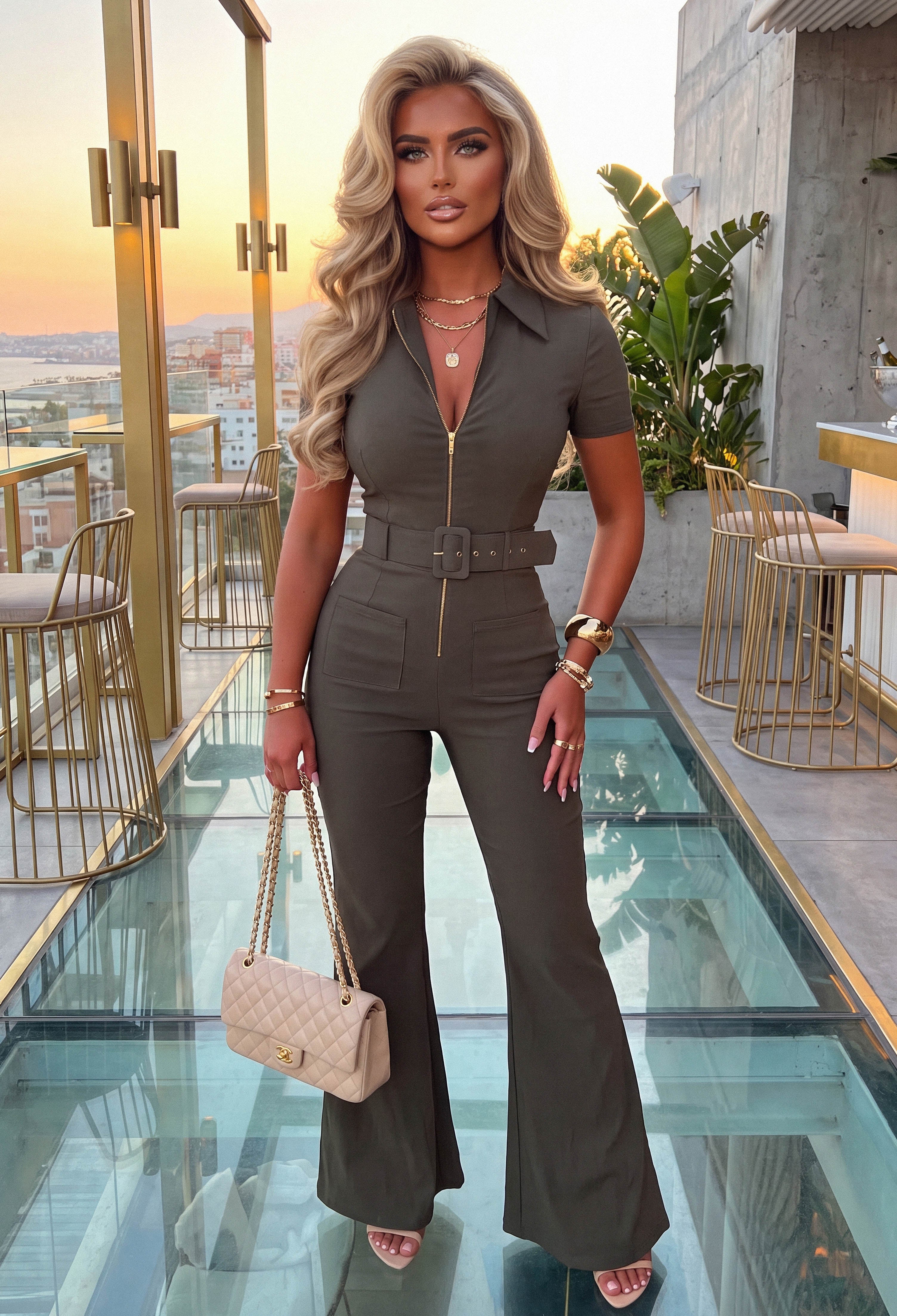 Fatale Babe Khaki Zip Front Short Sleeve Jumpsuit