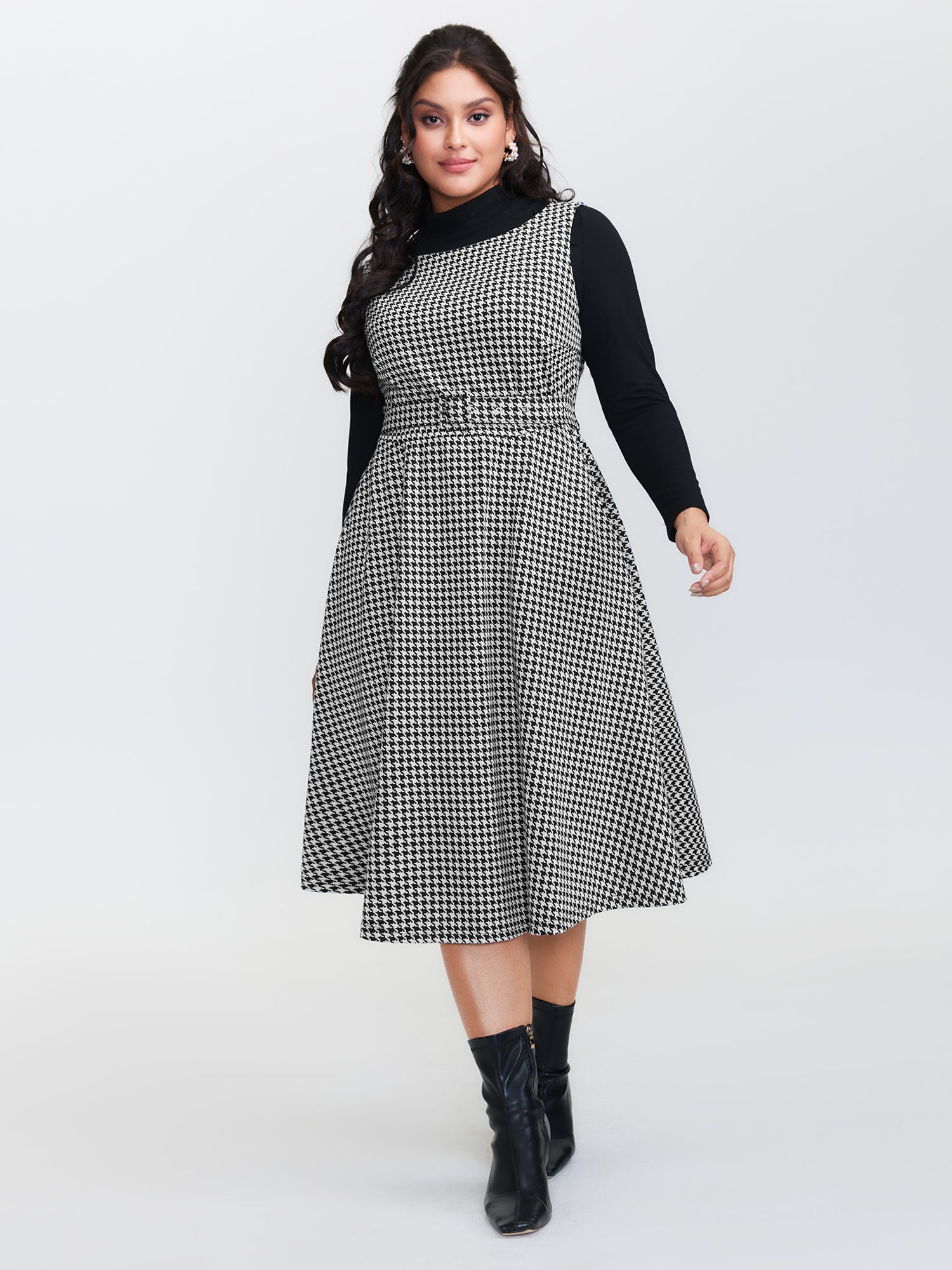 Houndstooth Boat Neckline Belted Waist Midi Dress