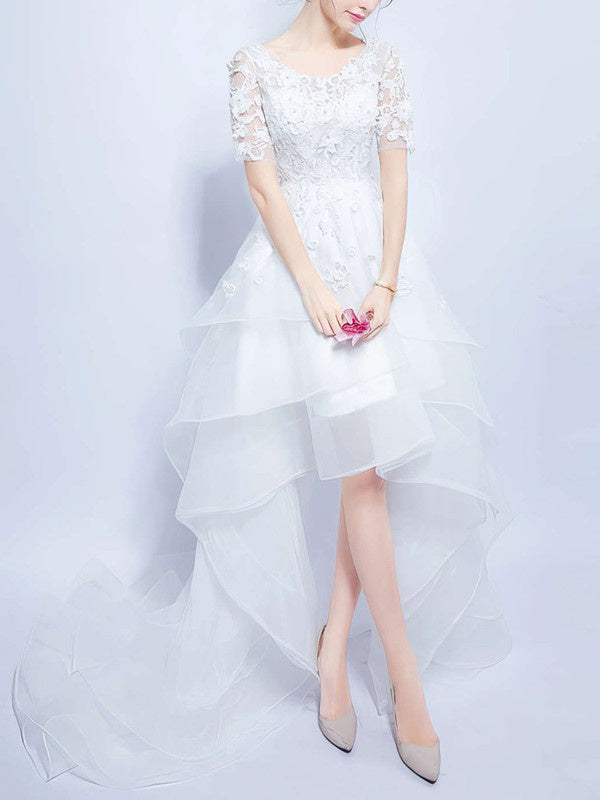 Chic A-Line Tiered Hi-Lo V-Neck Short Sleeves Organza Wedding Dresses