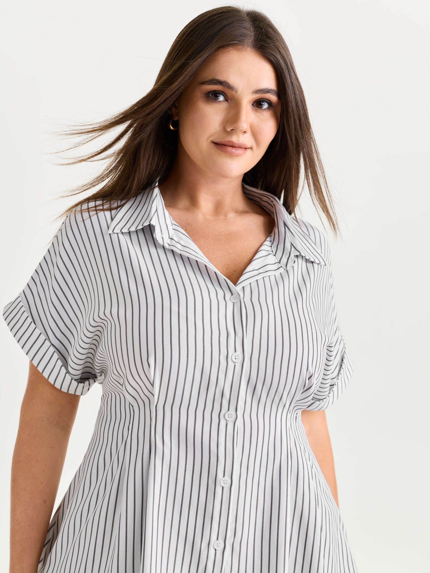 Striped Print Cinched-Waist Button-Down Shirt