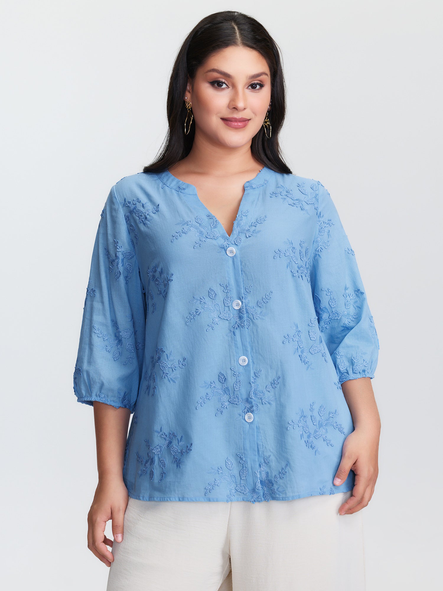 Cotton 3D Floral Embroidered Button-Down Knit Top