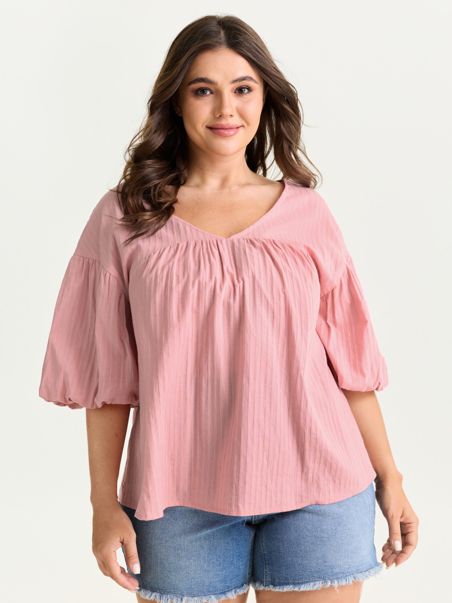 Cotton Striped V-Neck Bubble Sleeve Blouse