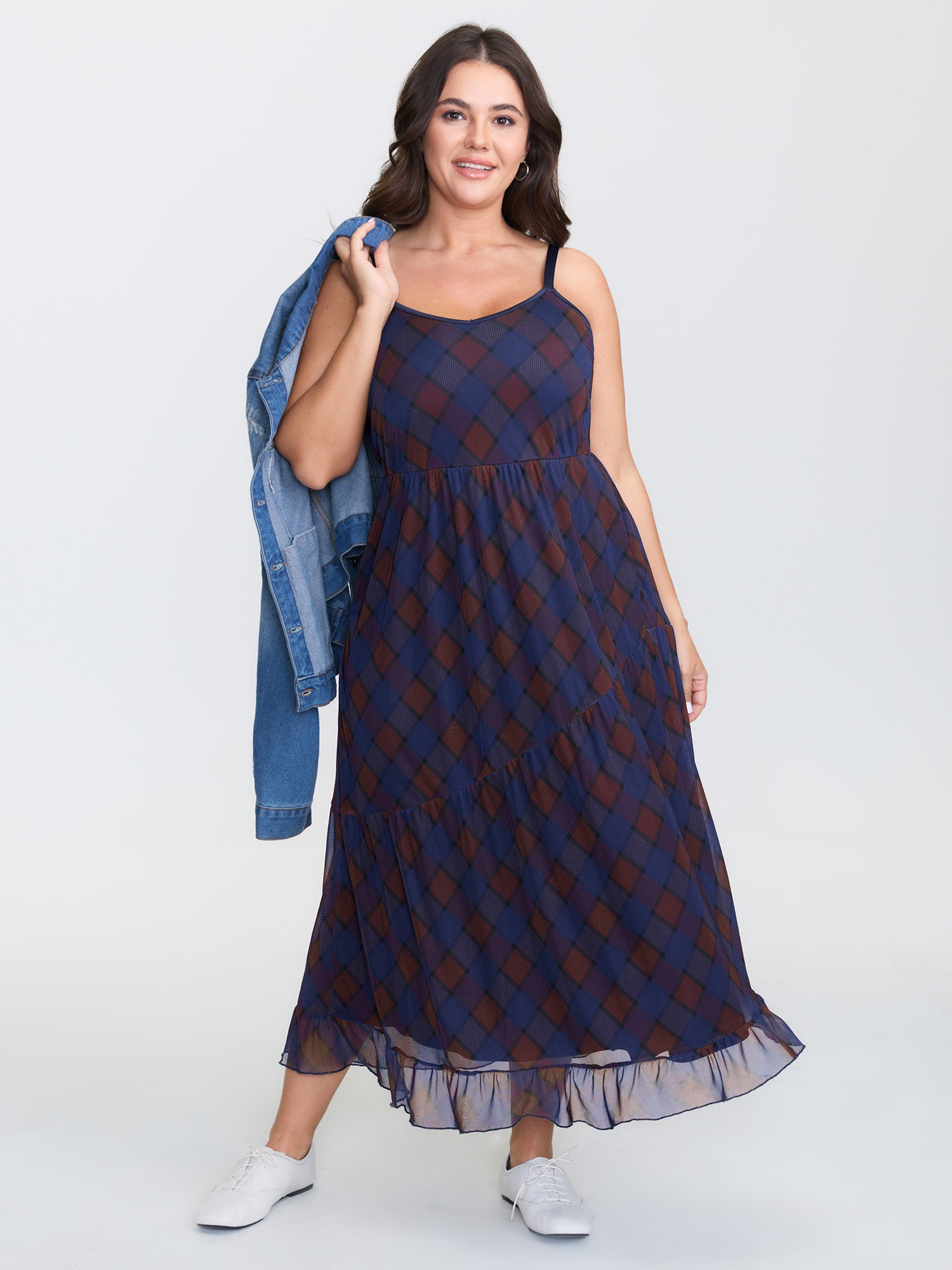 Check Print Cinched Flared A-Line Midi Dress