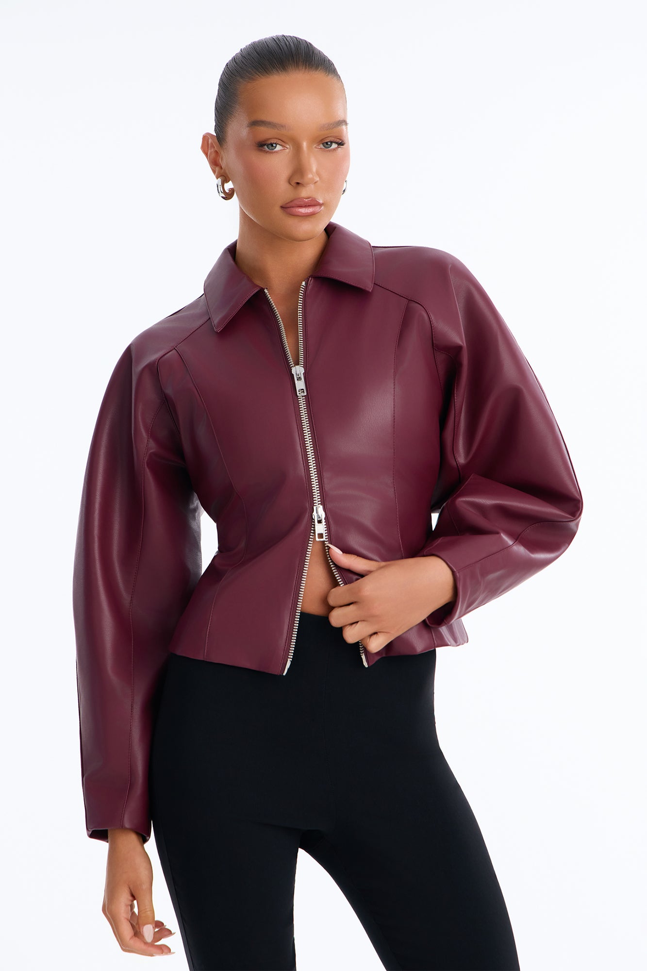 Rianna Faux Leather Cinched Waist Zip Jacket - Burgundy