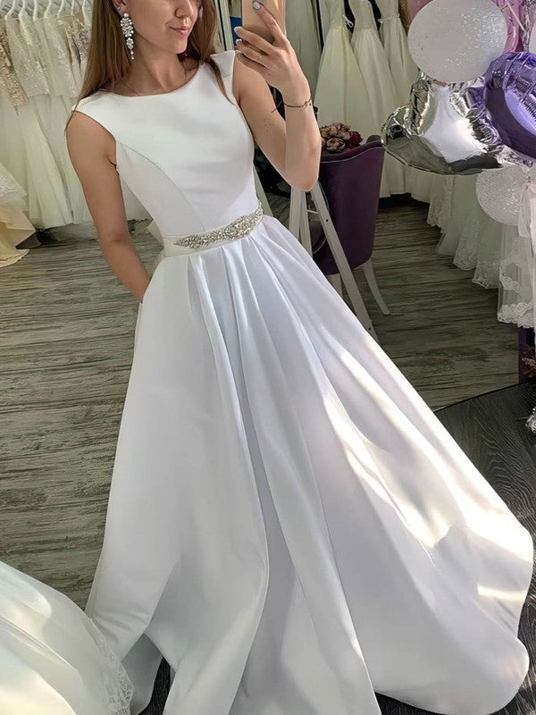 Gorgeous Crew Neck Sleeveless Satin A-Line Wedding Dresses with Pockets