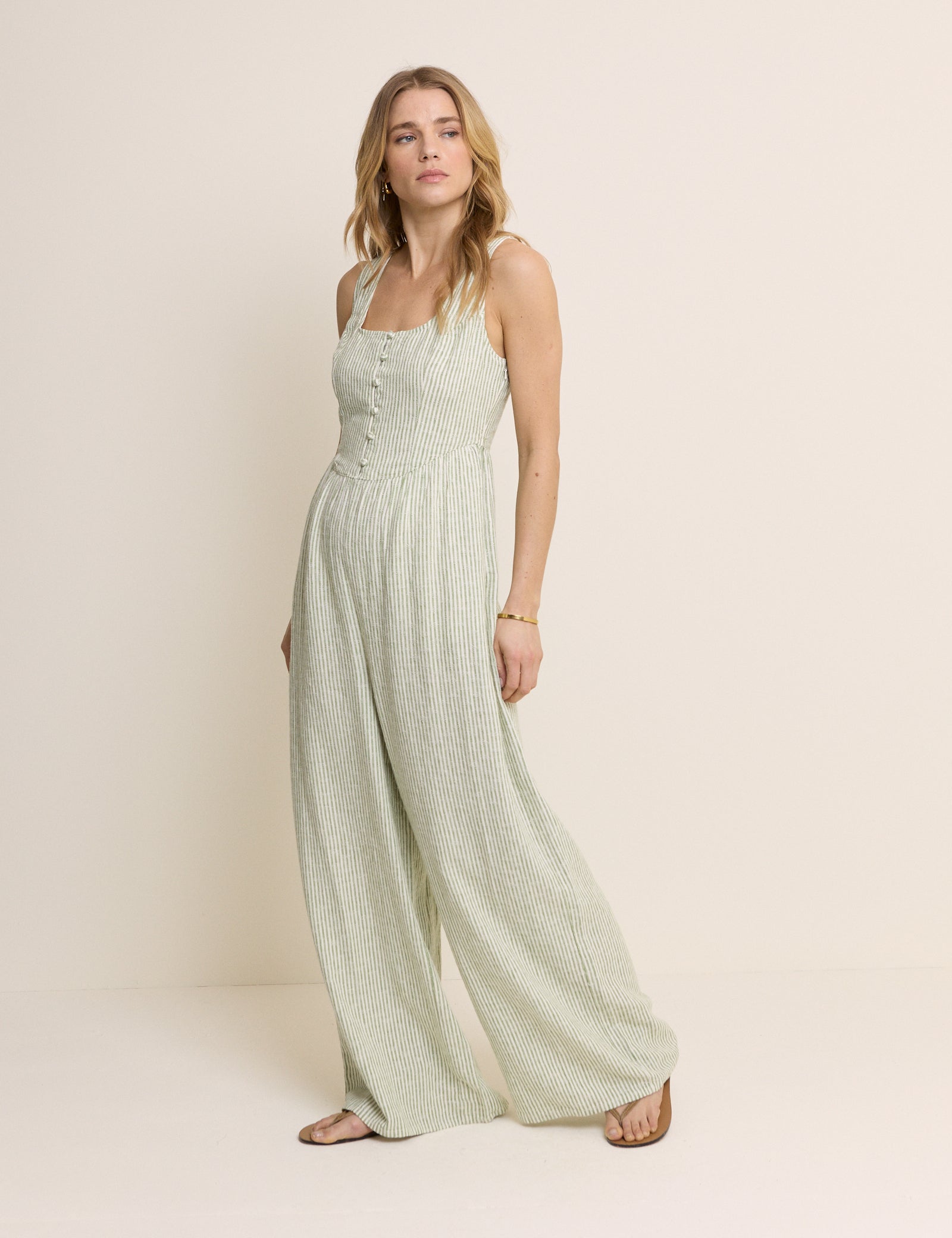 Green Pinstriped Linen-Rich Cora Jumpsuit