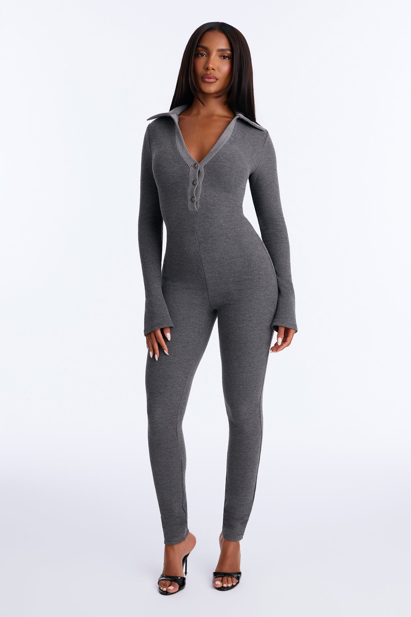 Rory Waffle Long Sleeve Catsuit - Charcoal