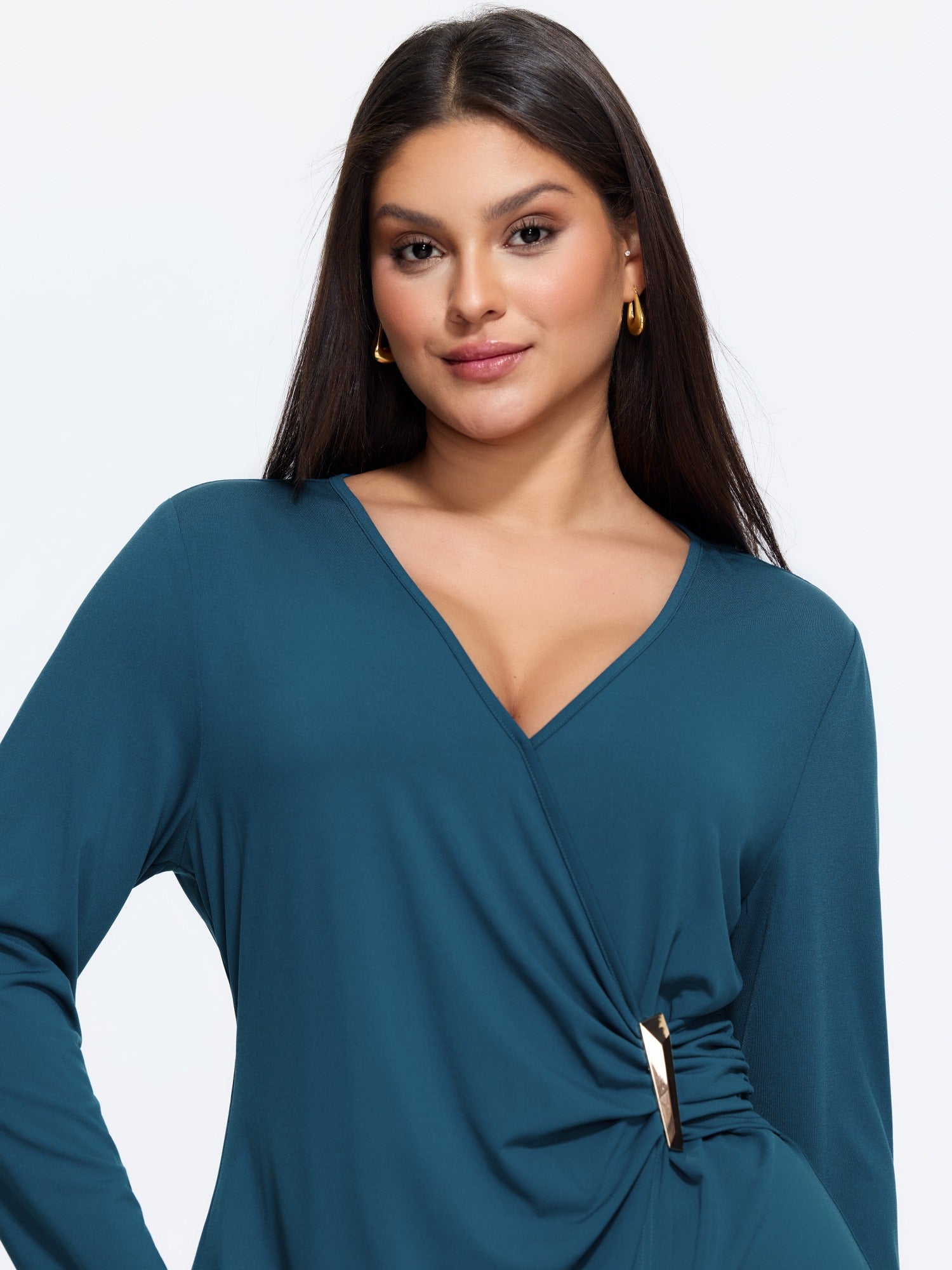 Stretchy Wrap Neck Metal Buckle Ruched Waist Mini Dress
