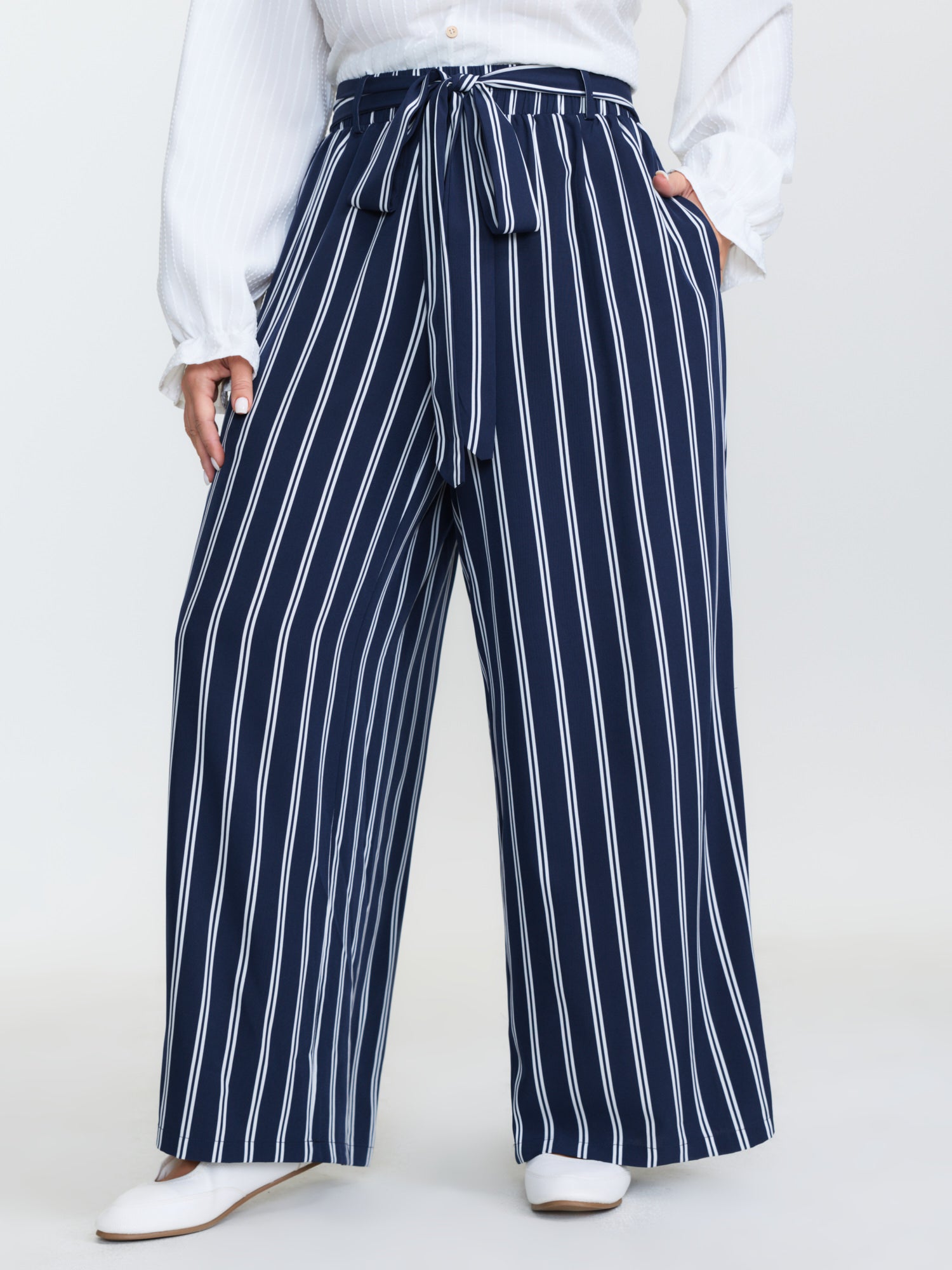 Striped Belted Straight-Leg Pants
