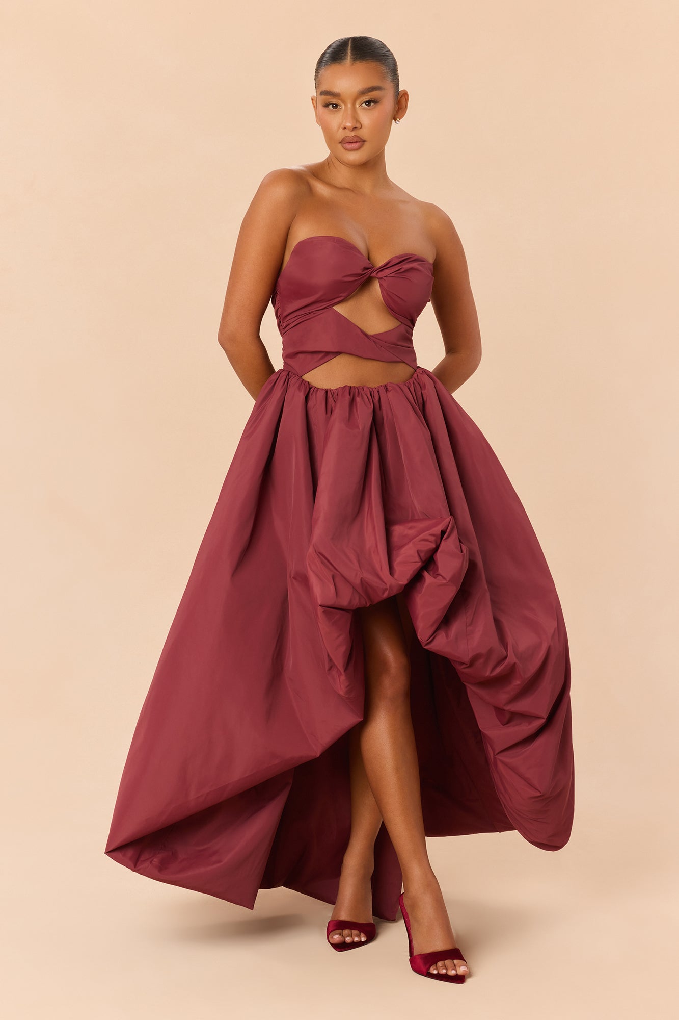 Party Starter Cut Out Taffeta Gown - Wine