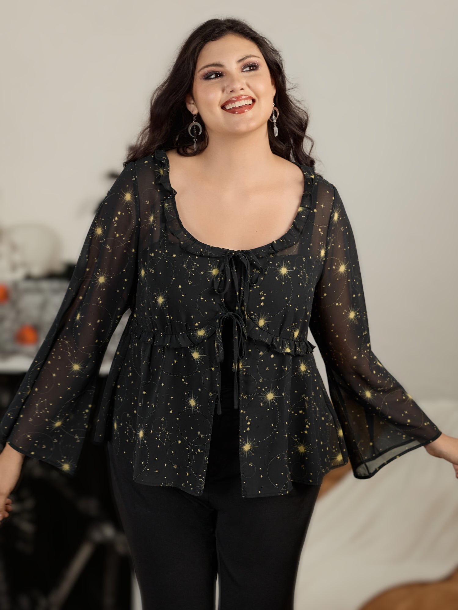 Star Constellation Print Sheer Chiffon Blouse