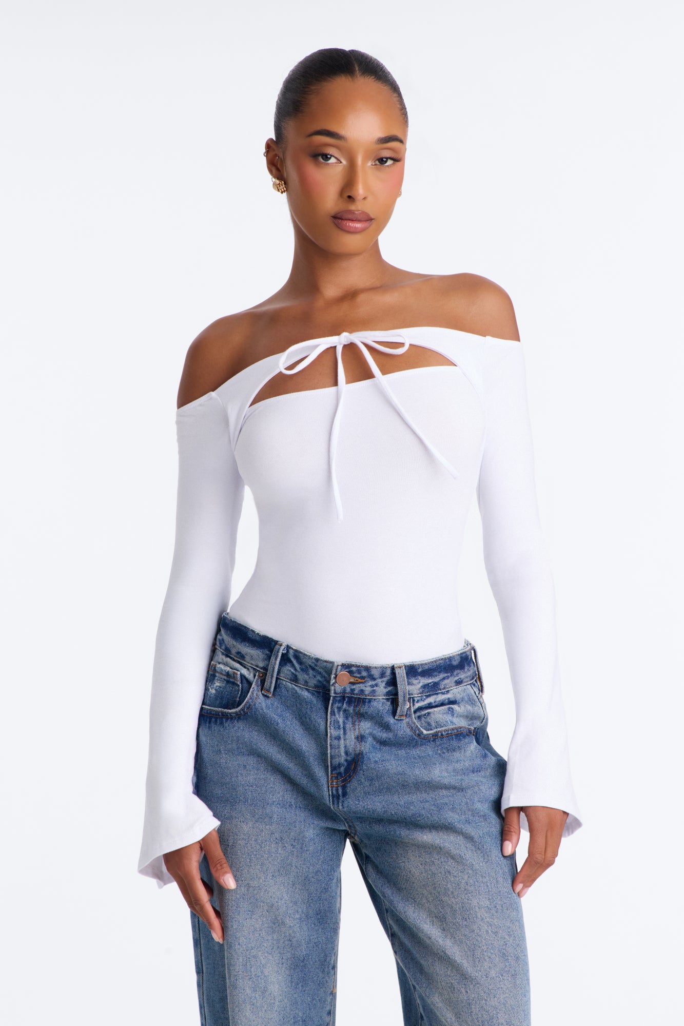 Elena Off Shoulder Cut Out Long Bell Sleeve Bodysuit - Off White