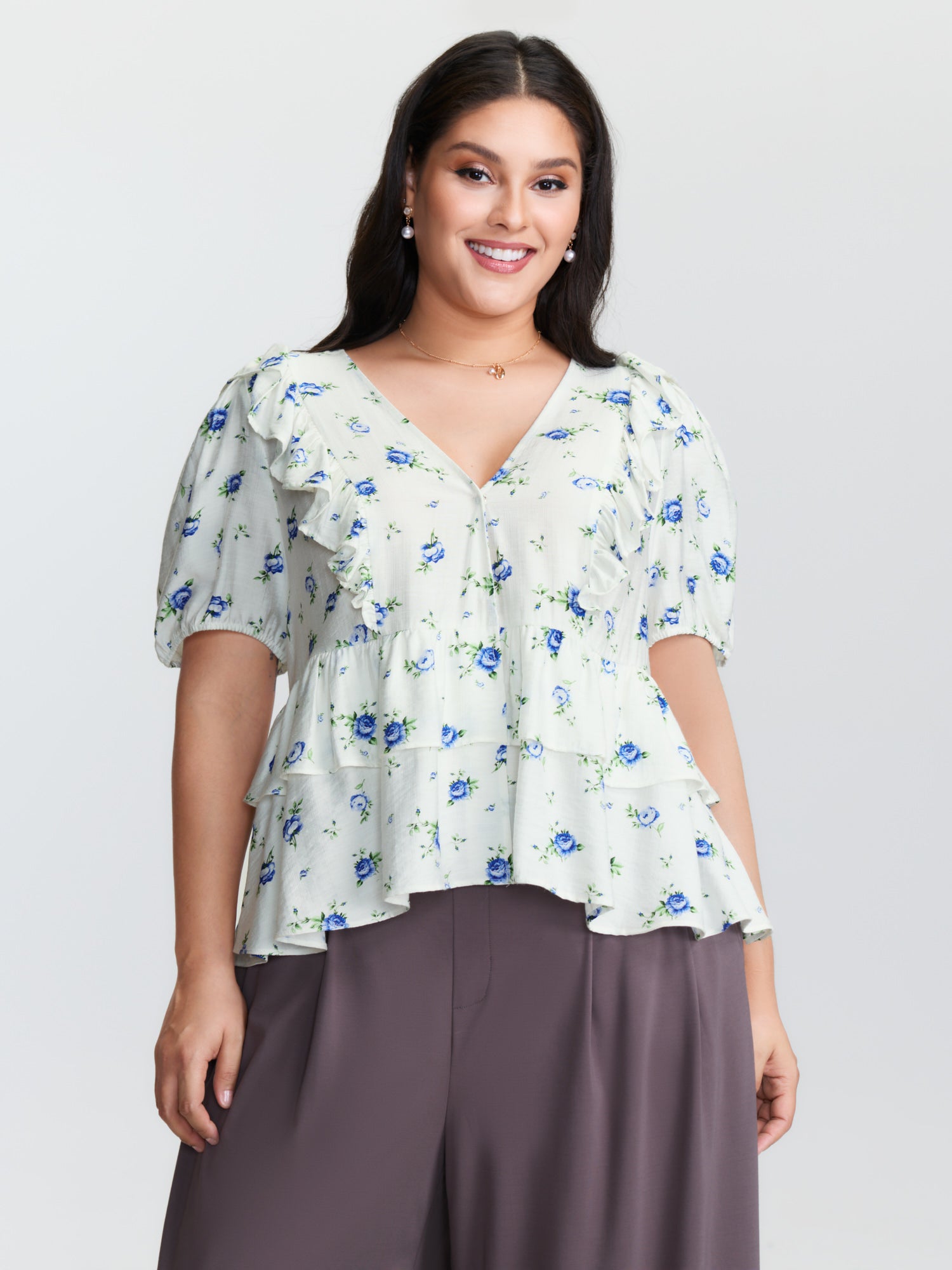 Floral Print Tiered V-Neck Blouse