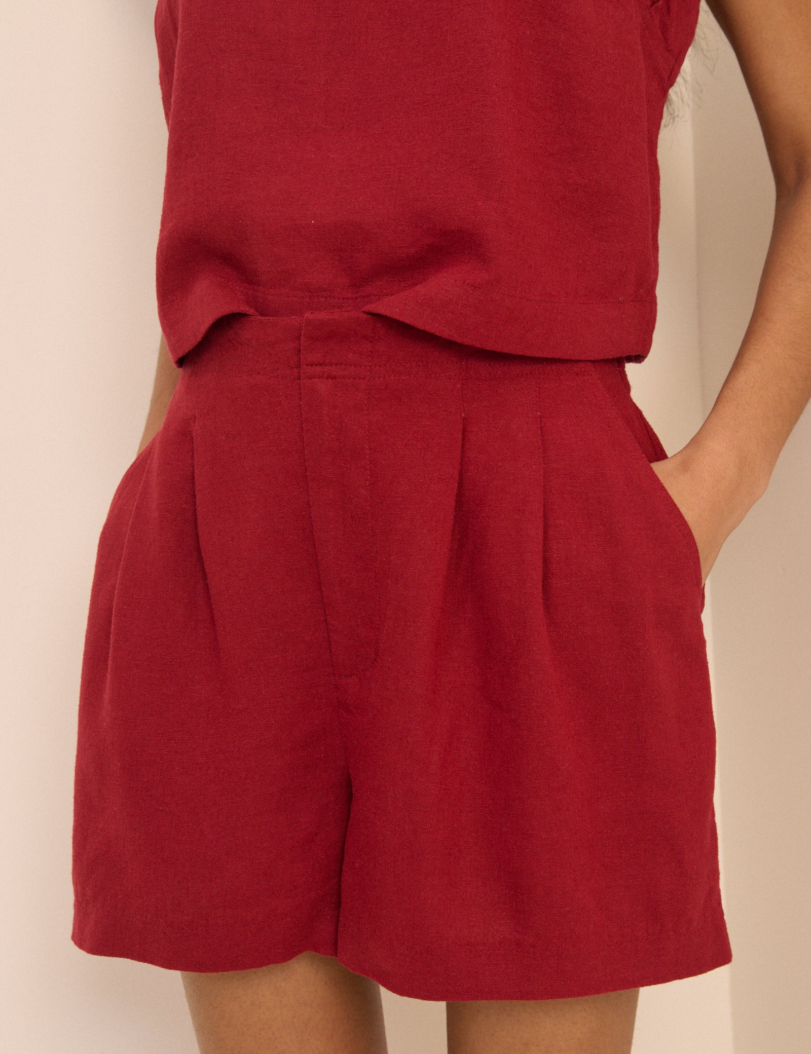 Red Linen-Rich Shorts