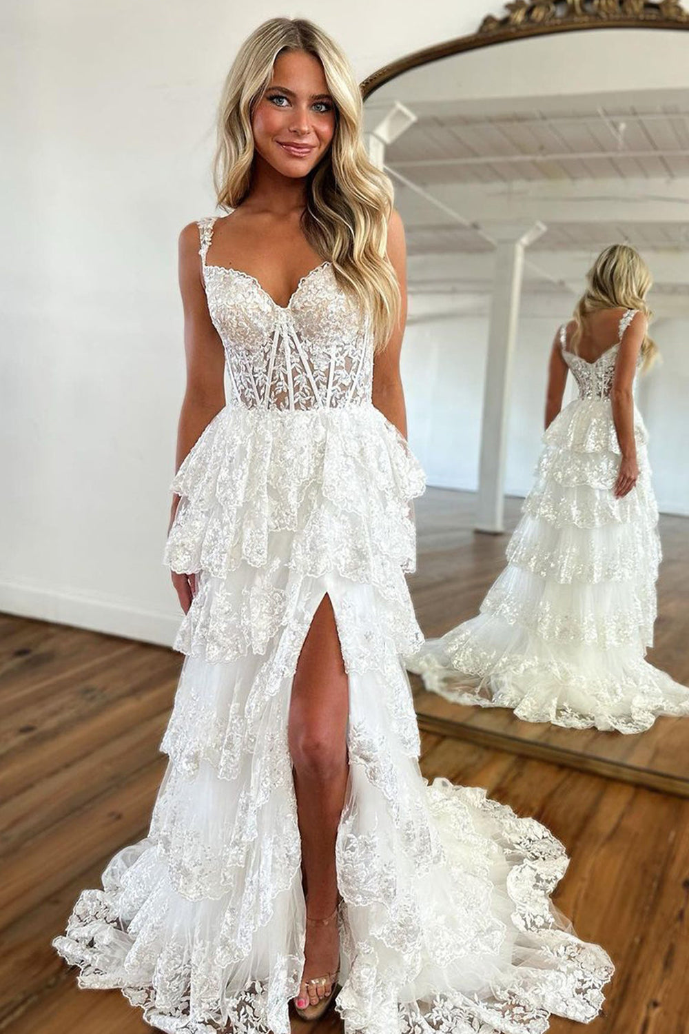 White Off-the-Shoulder Princess Corset Prom Dress with A-Line Lace Ruffles