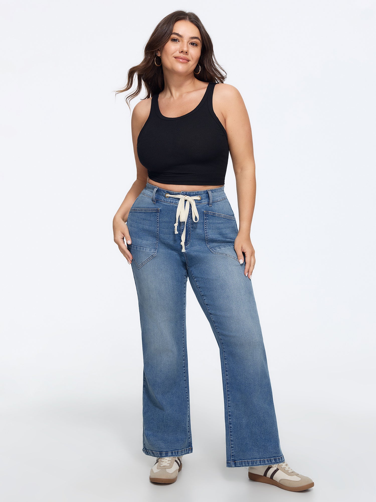 Stretch Drawstring Waist Wide Leg Jeans