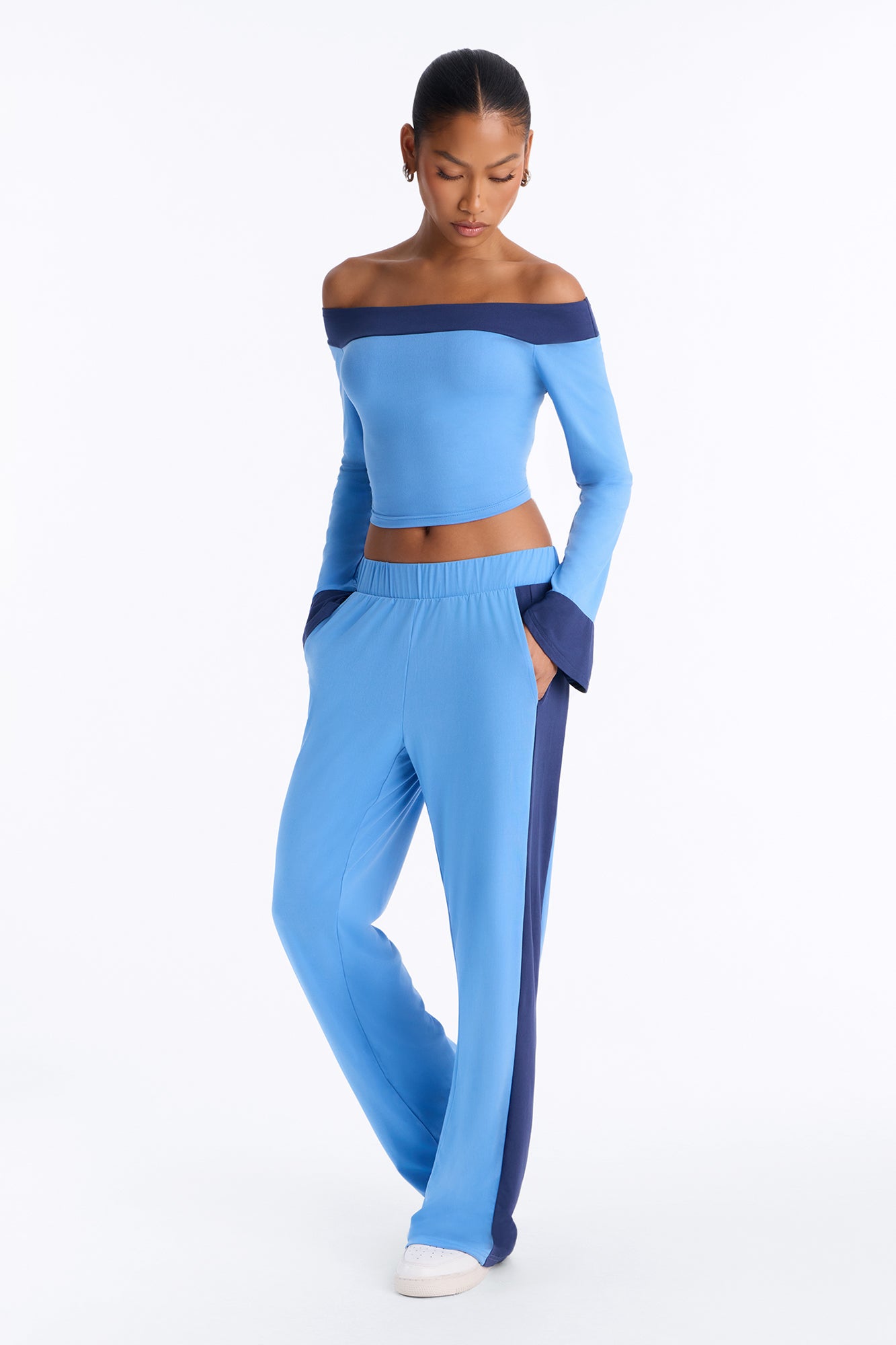 Lacey Off Shoulder Pant Set - Blue/combo