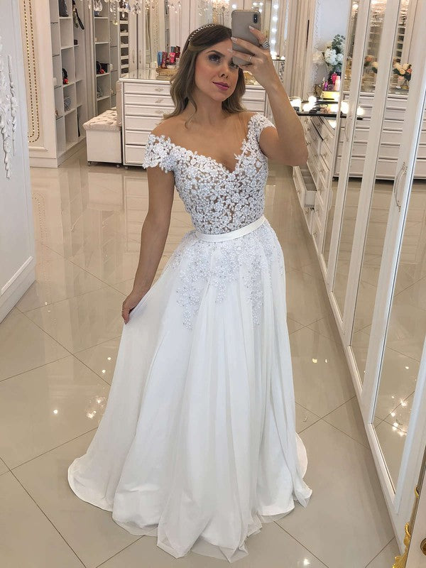 Chic A-Line V-Neck Off-The-Shoulder Chiffon Wedding Dresses with Beading