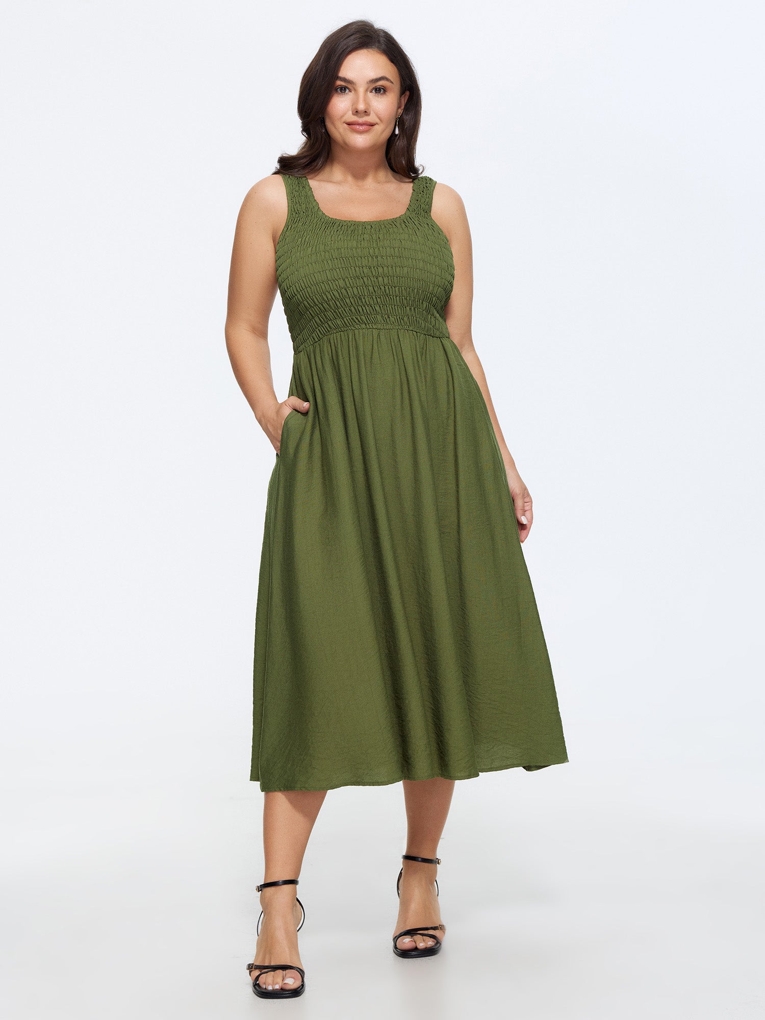 Shirred Round Neck Pockets Midi Dress