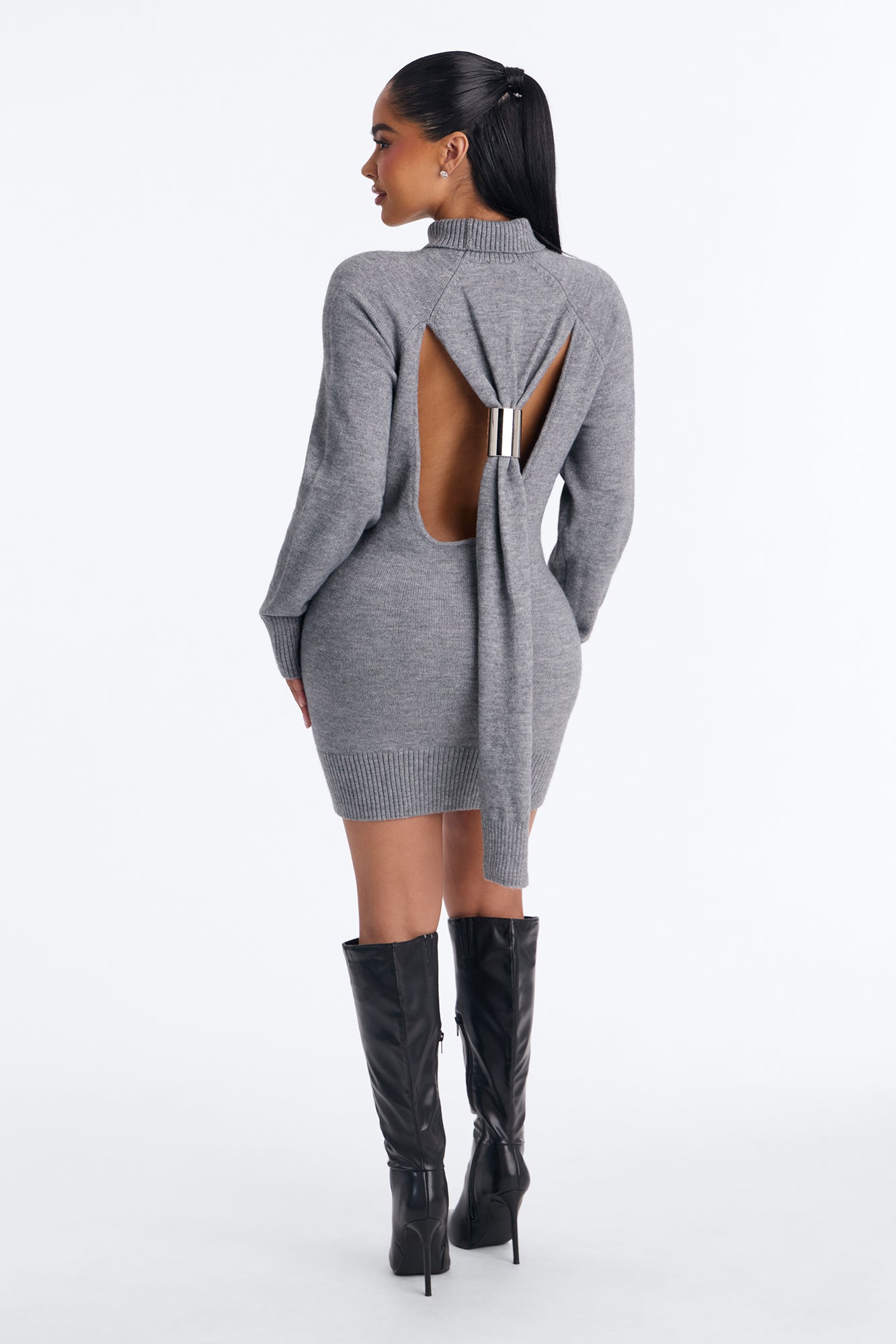 Francesca Hardware Backless Sweater Mini Dress - Grey
