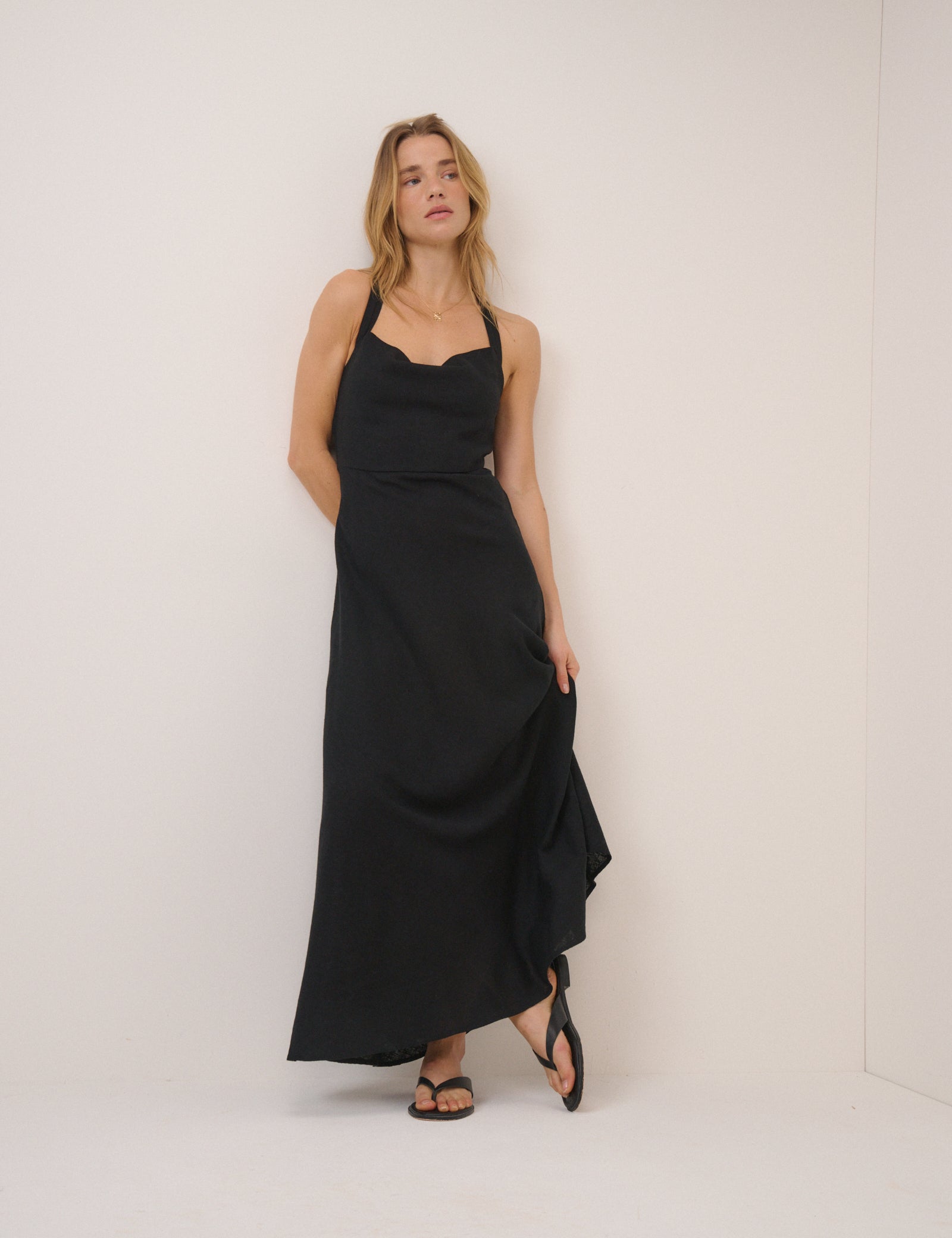 Black Linen-Rich Dana Midi Dress