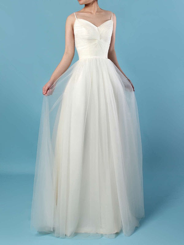 Stunning A-Line V-Neck Spaghetti Straps Tulle Floor-Length Wedding Dresses with Ruffles