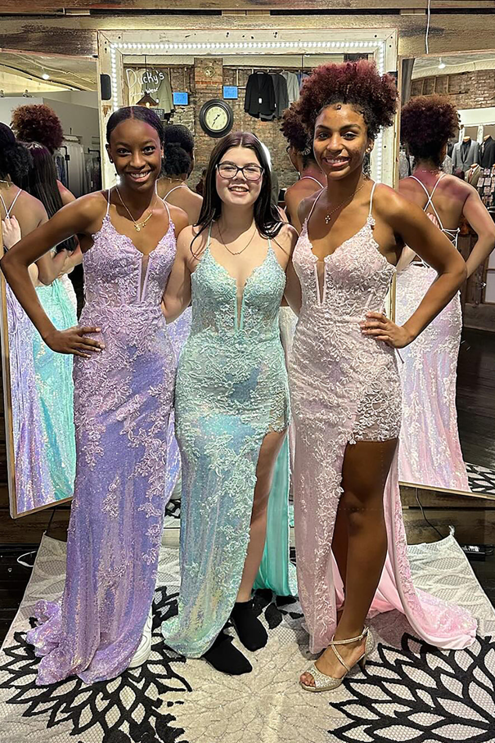 Long Prom Dress with Sparkly Mint Spaghetti Straps and Sequin Applique Featuring a Slit