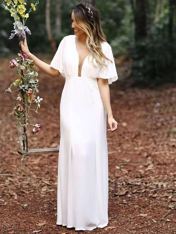 Beautiful A-Line V-Neck Half Sleeves Stretch Satin Floor-Length Wedding Dresses