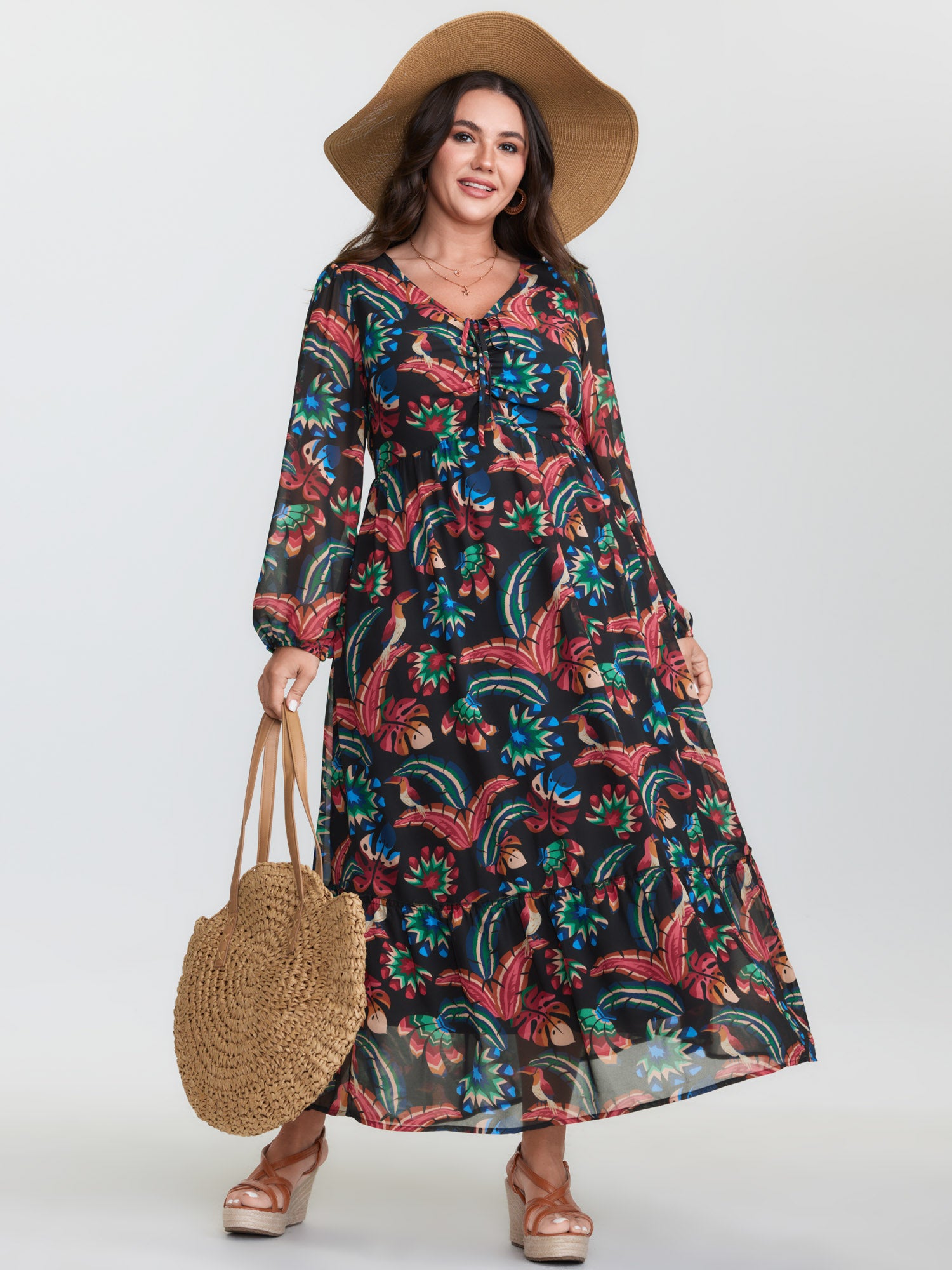 Bright Tropical Floral Print Drawstring Maxi Dress