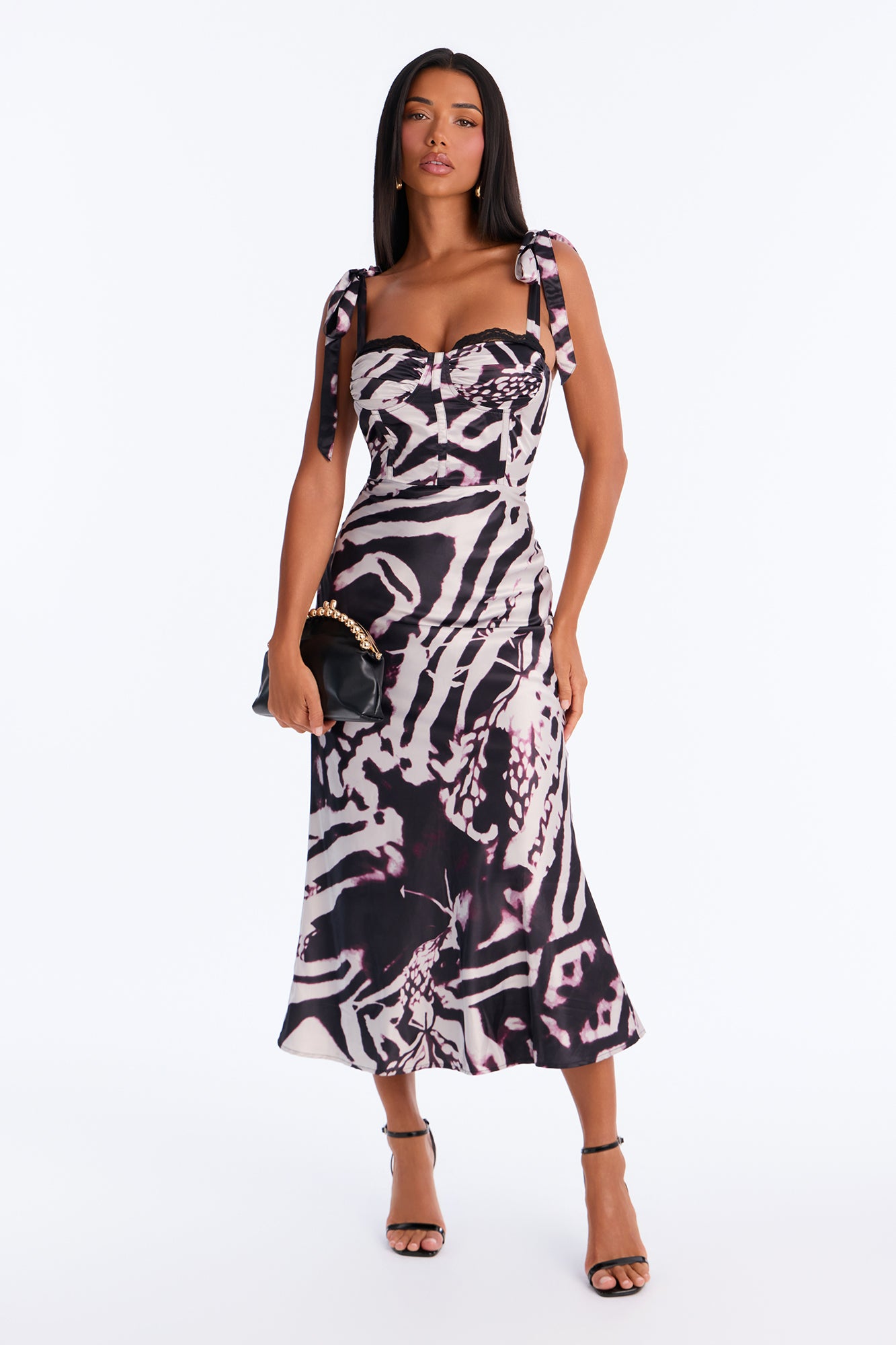 Katia Abstract Lace trim Satin Maxi Dress - Cream/combo