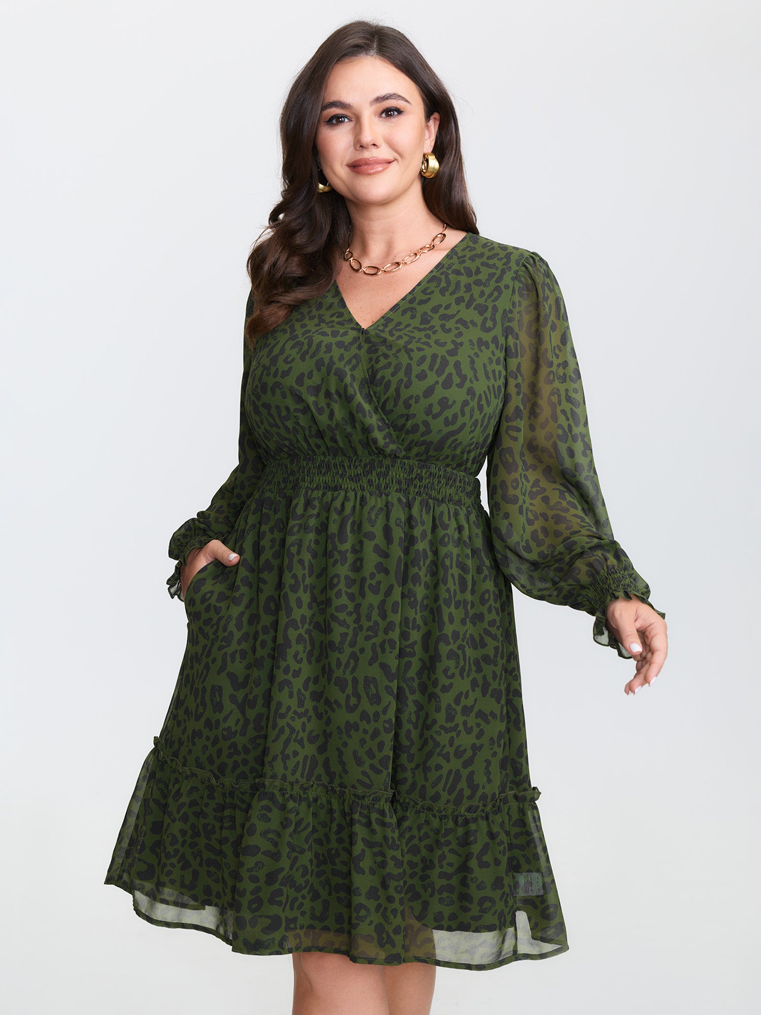 Leopard Print Shirred Waist Midi Dress