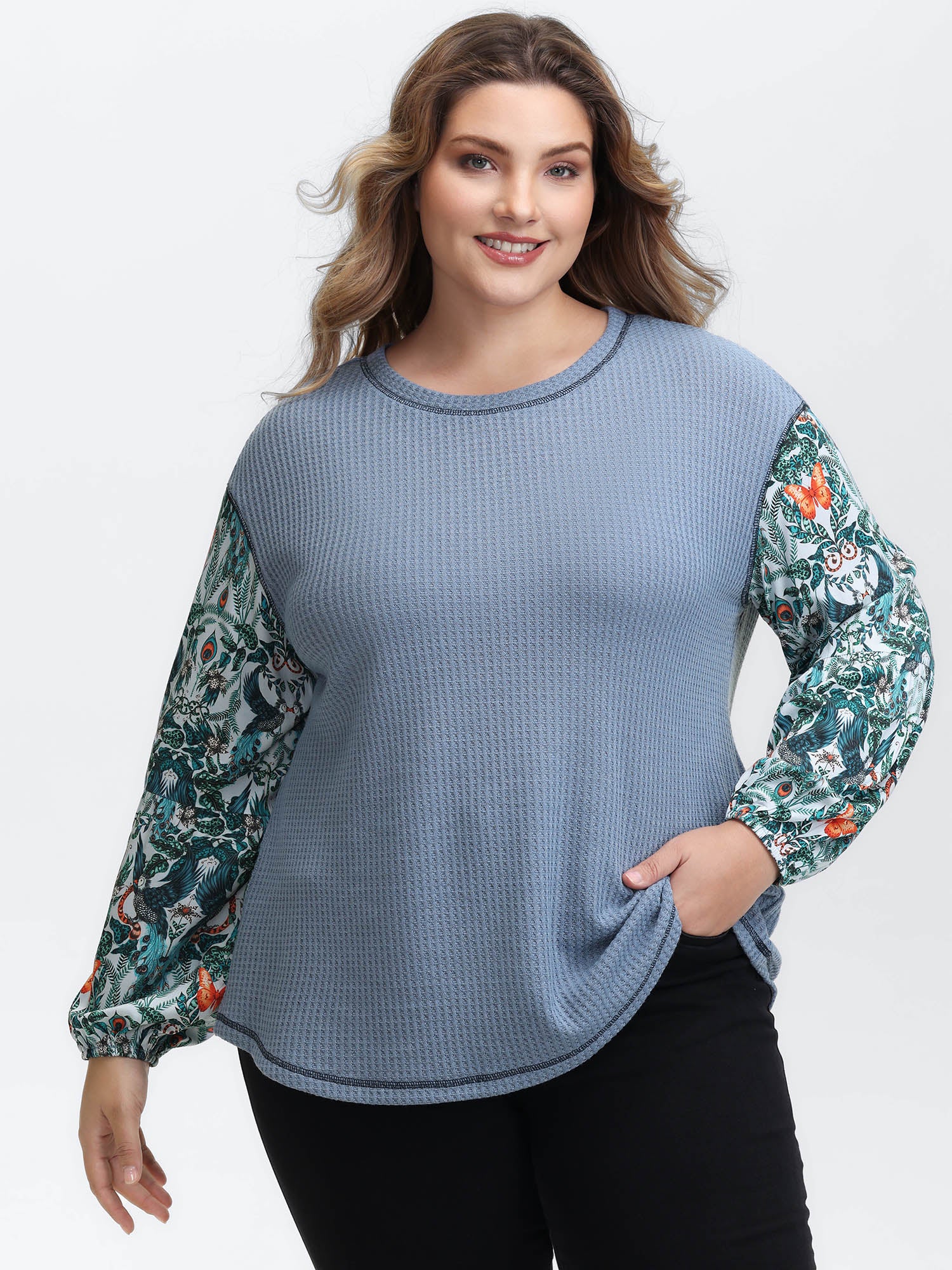 Textured Floral Sleeve Drop Shoulder Sweatshirt