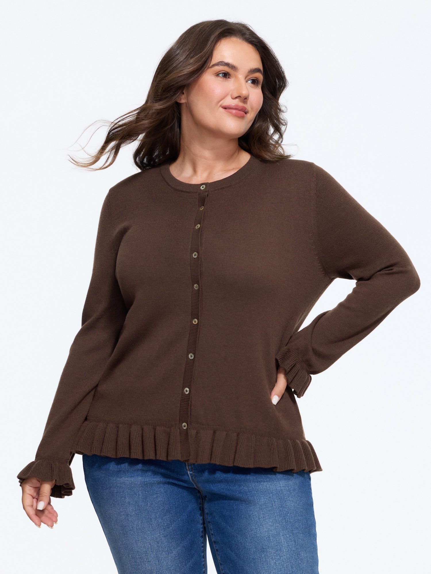 Wool Blend Crew Neck Ruffle Hem Button Front Cardigan