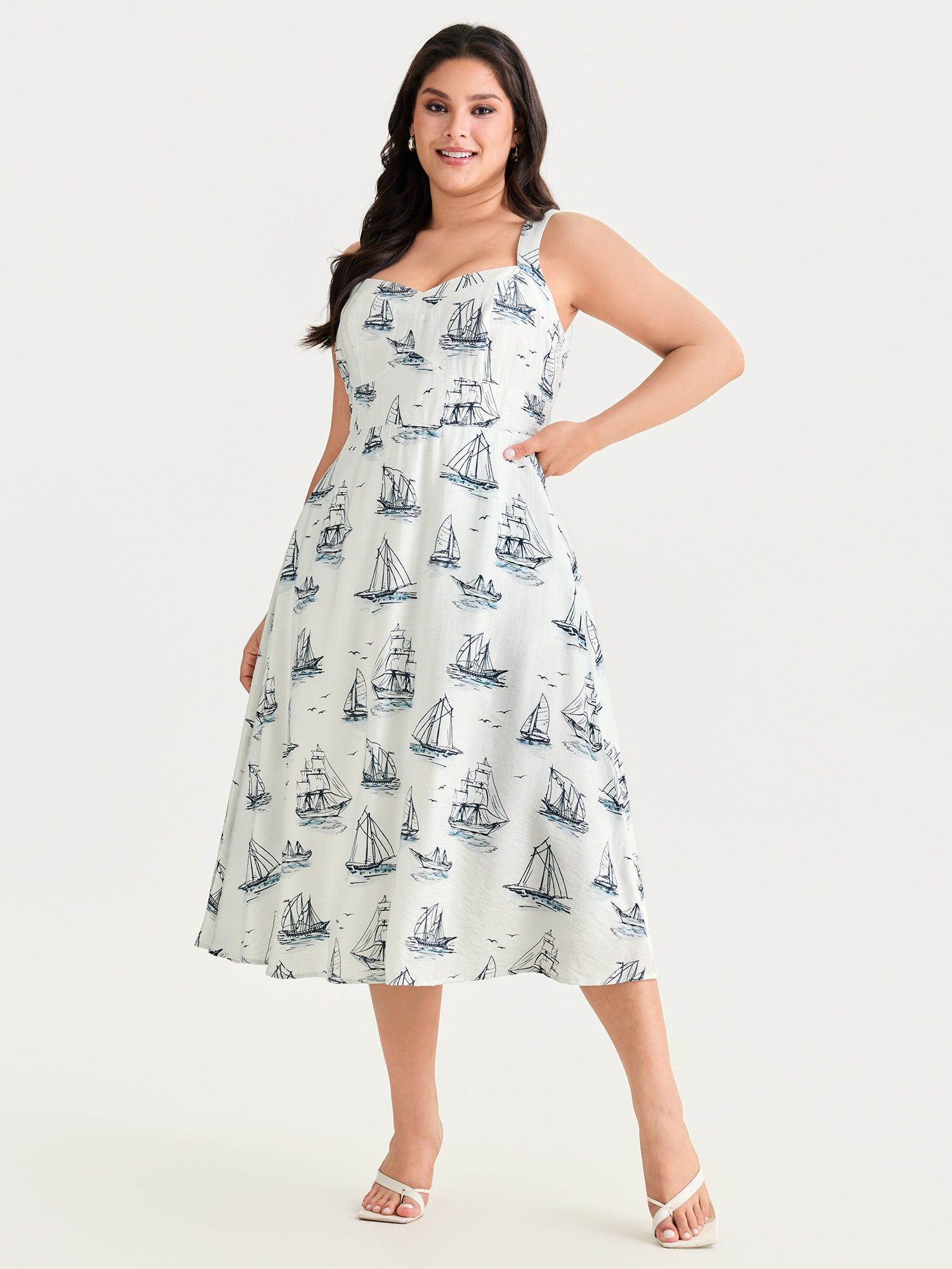 Nautical Sailboat Print Sweetheart Neck Midi Dress