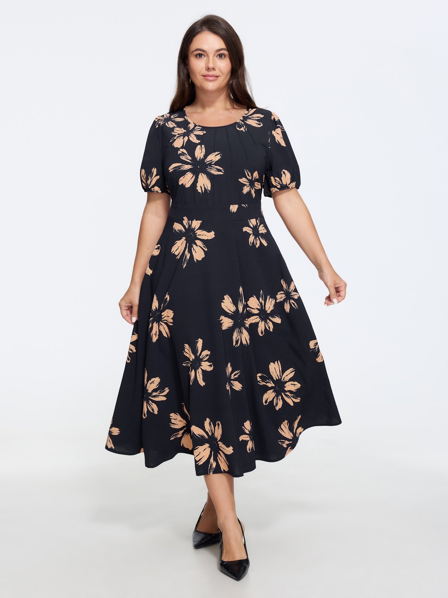 Floral Print Puff Sleeve Round Neck Midi Dress