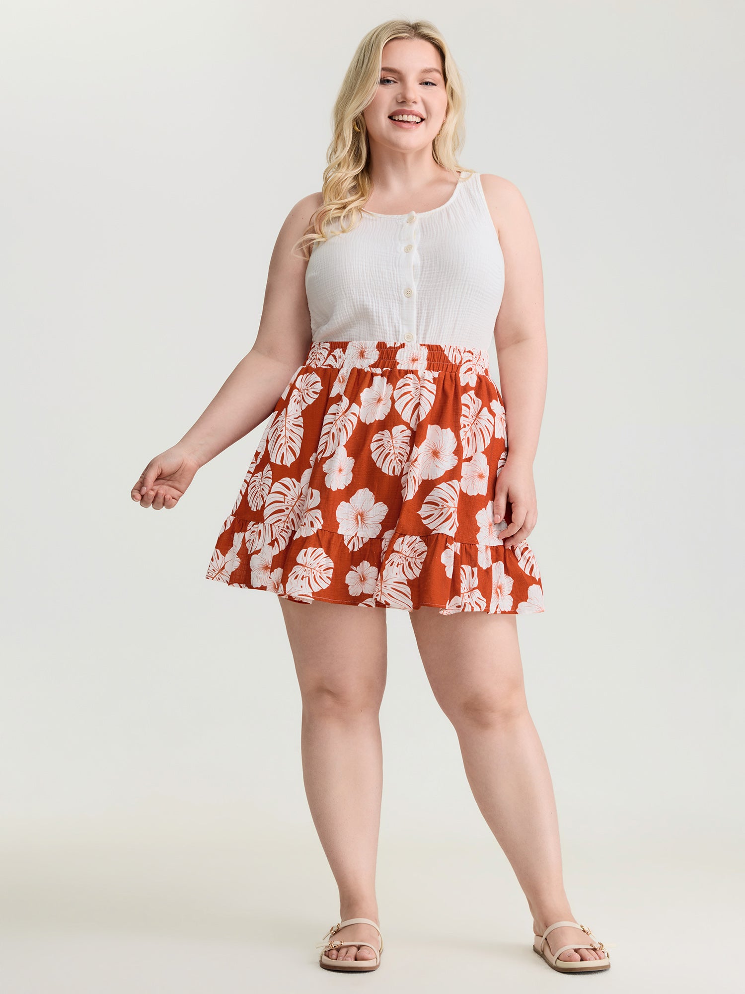 Cotton Large Floral Print Flowy Midi Skirt