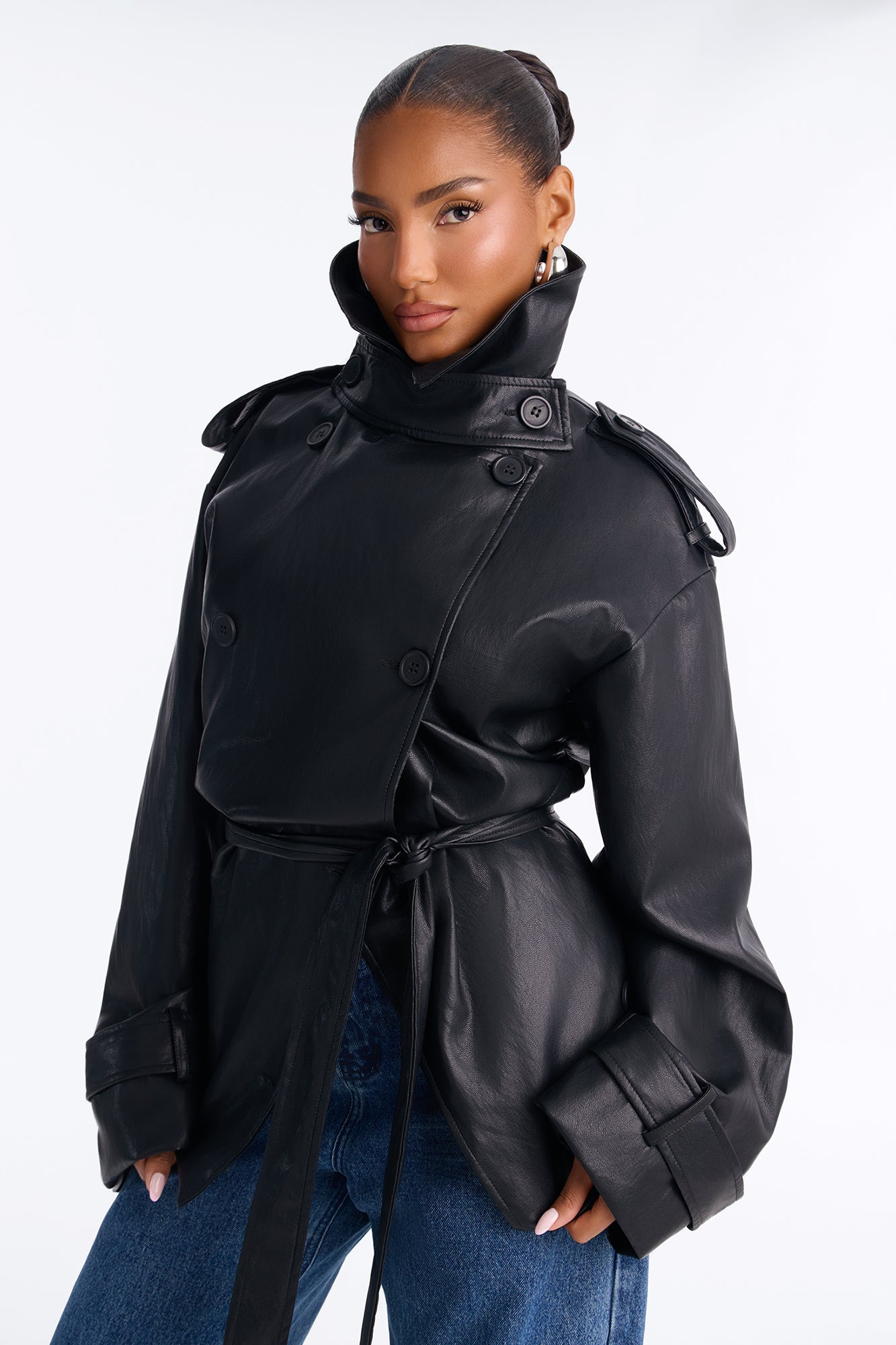 Main Character Energy Funnel Neck Trench Coat - Black