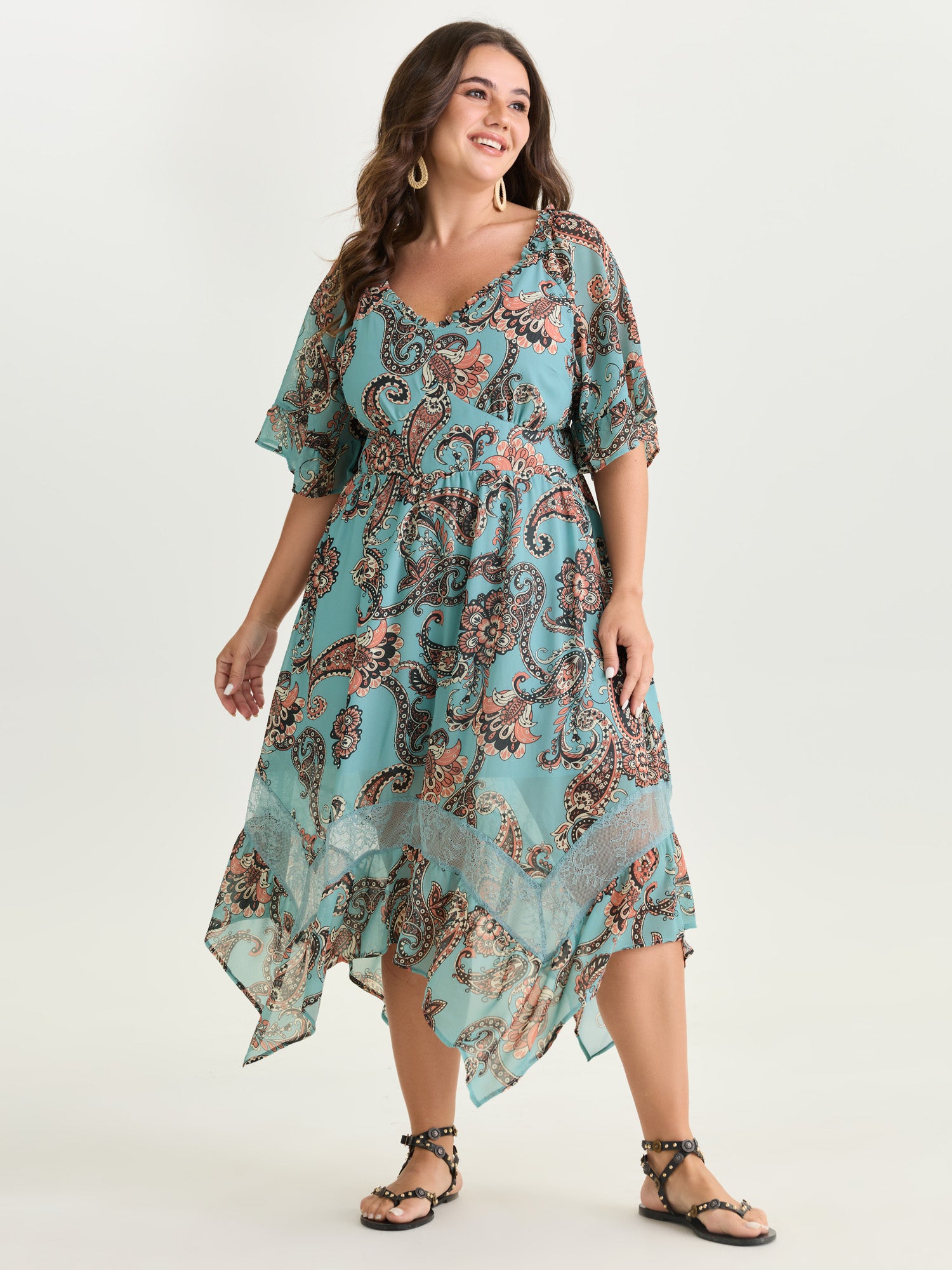 Floral Paisley Print High Low Hem Midi Dress