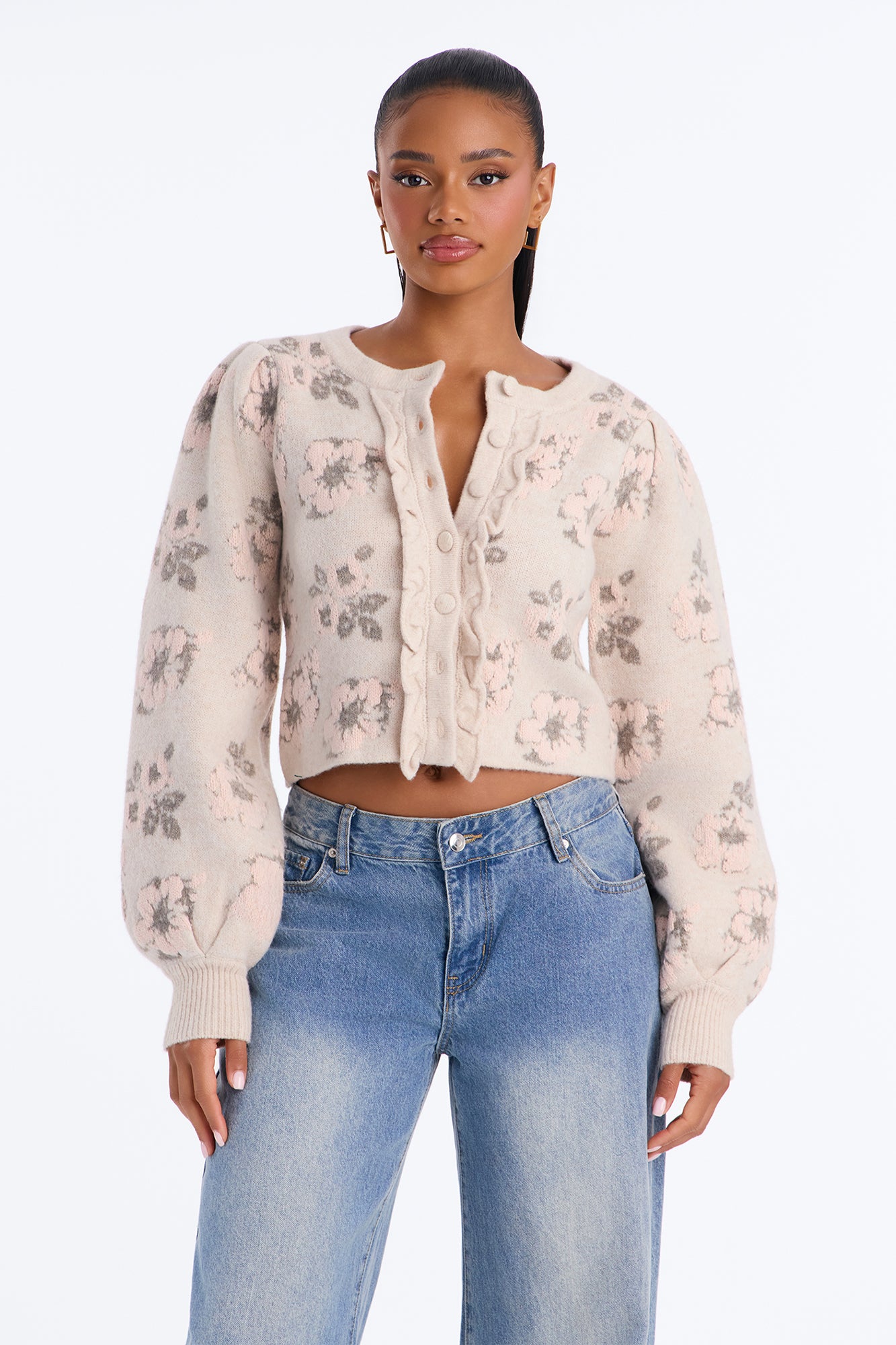 Winter Garden Floral Balloon Sleeve Cardigan - Beige