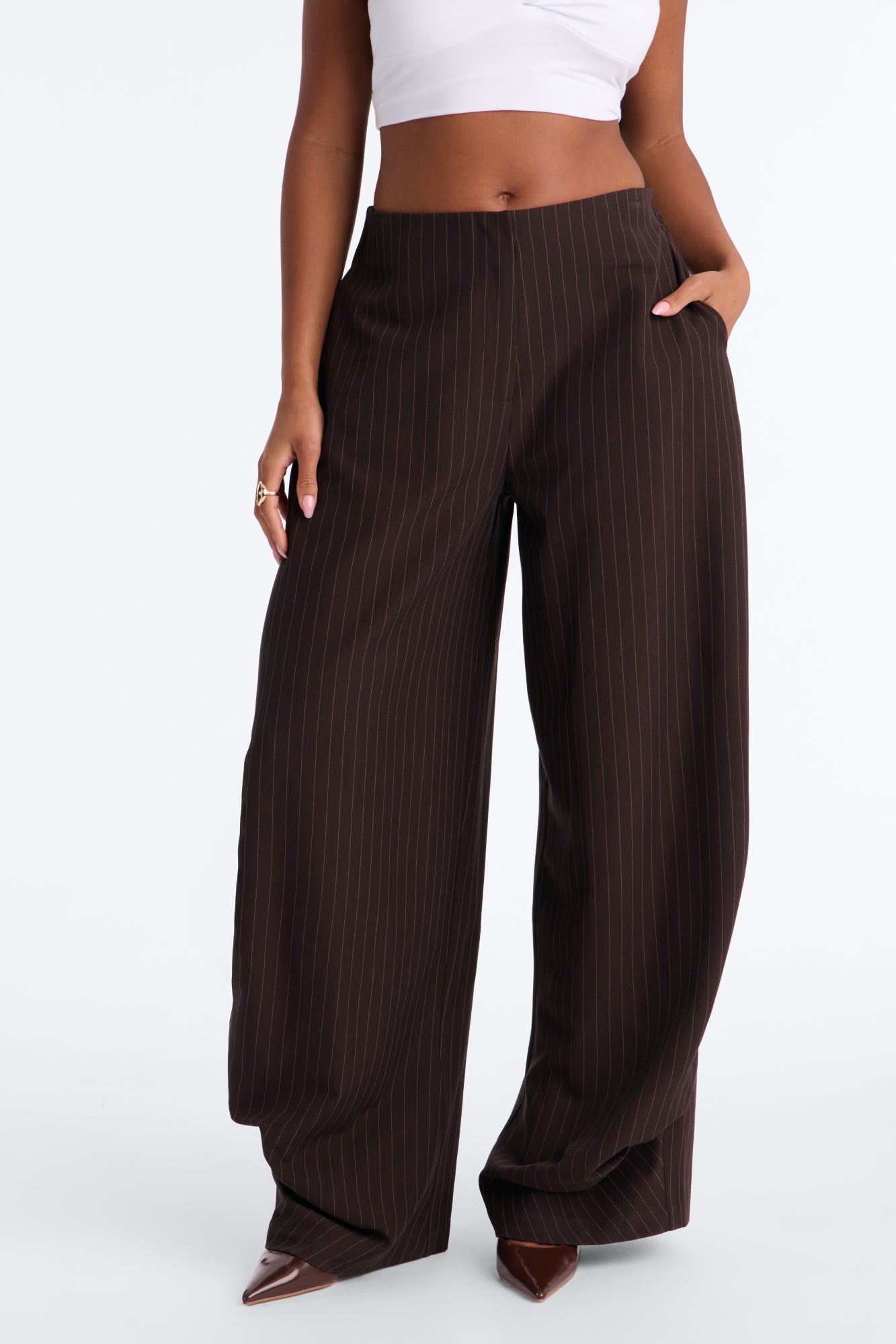 Simone Pinstripe Clean Waistband Wide Leg Trouser - Chocolate