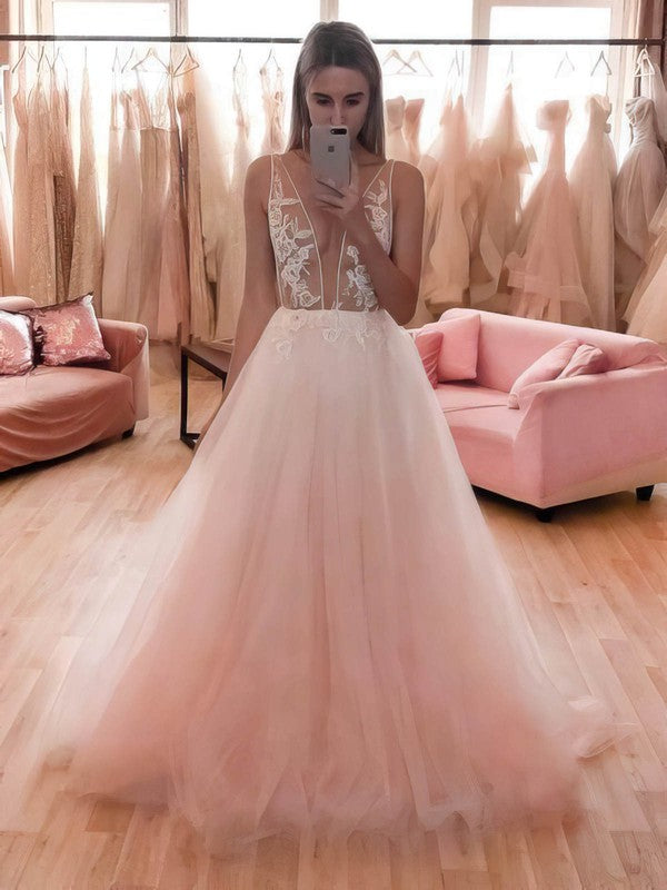 Fabulous Deep V-Neck A-Line Sleeveless Tulle Sweep Train Wedding Dresses with Appliques