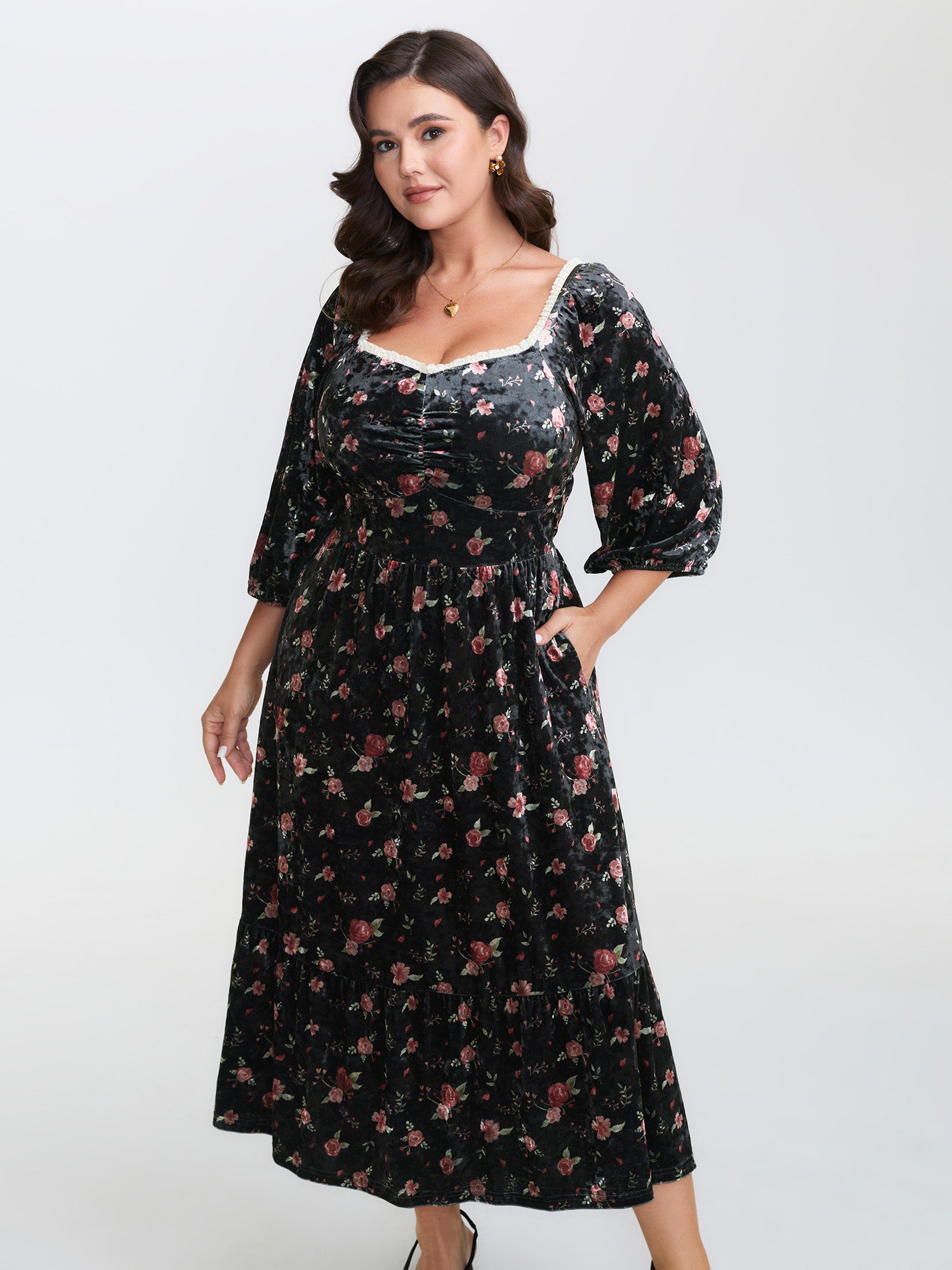 Velvet Floral Lace Ruched Midi Dress