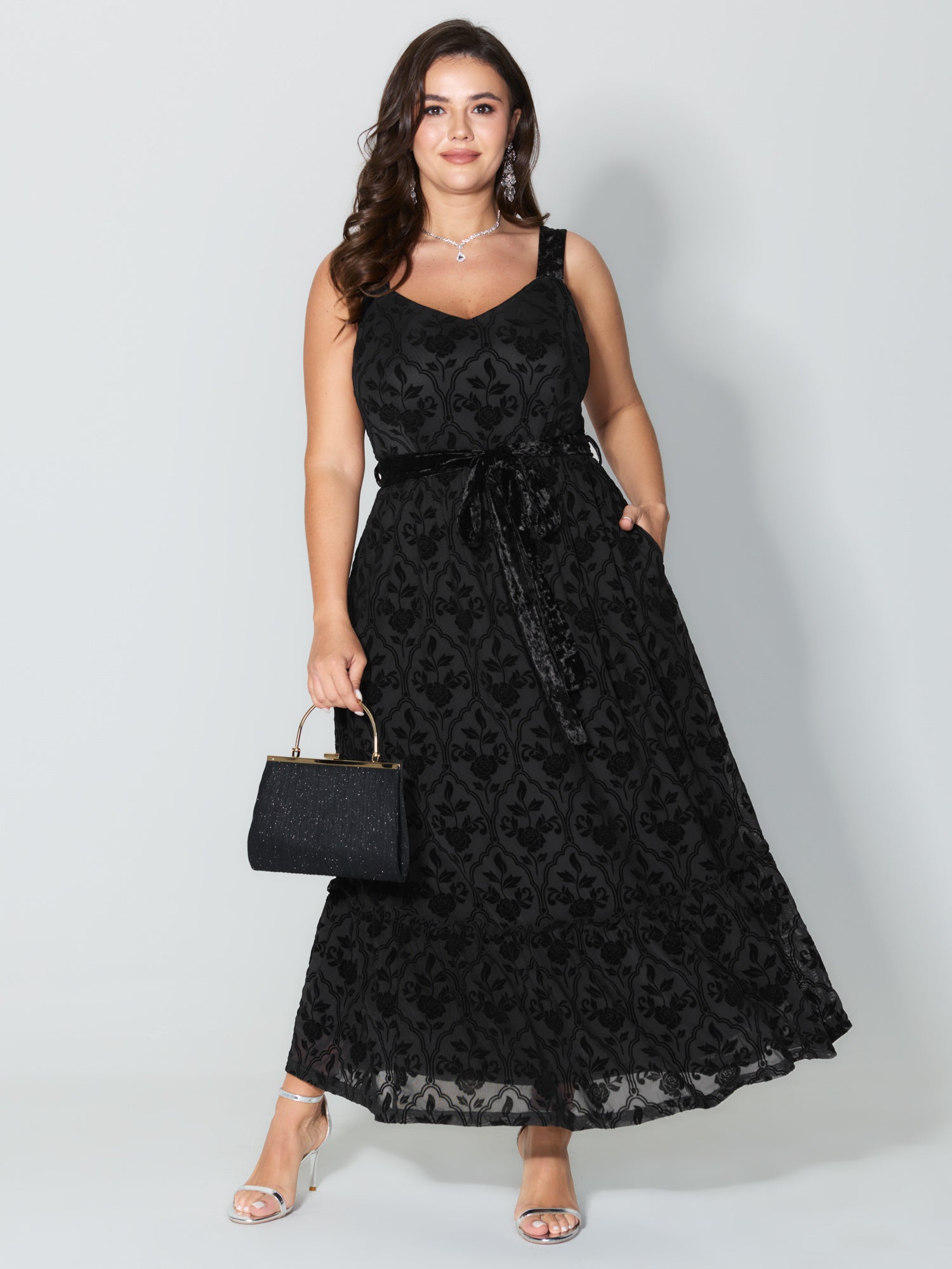 Flocked Spliced Velvety Tie Maxi Dress