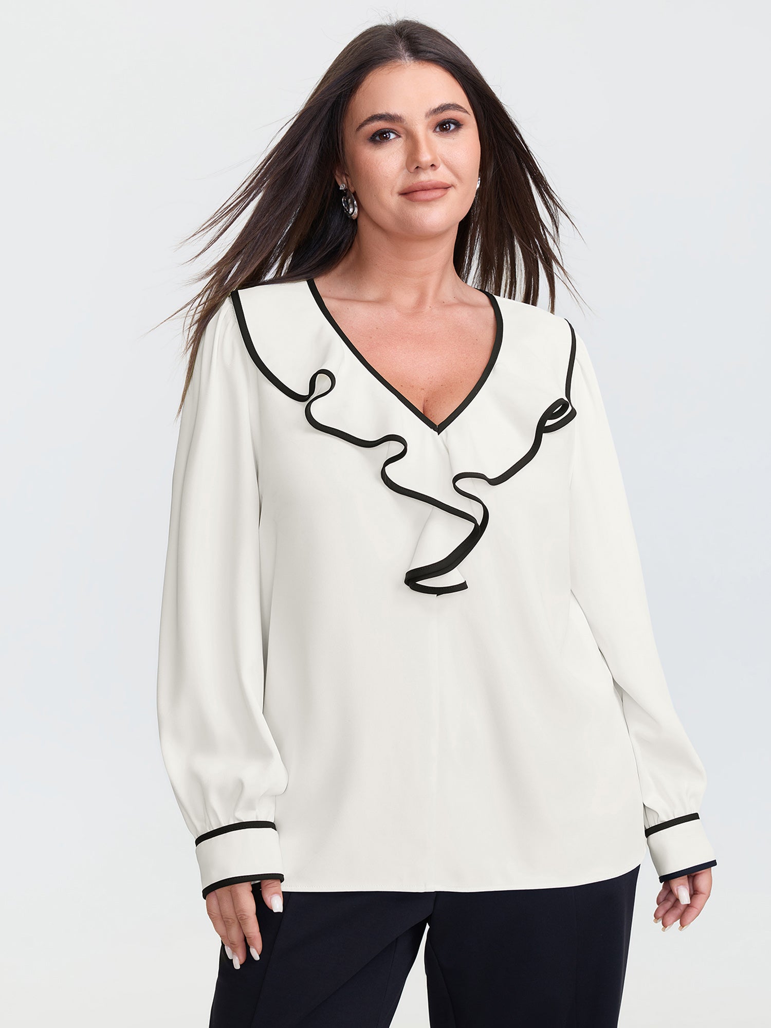 Ruffled Collar Color Contrast Blouse
