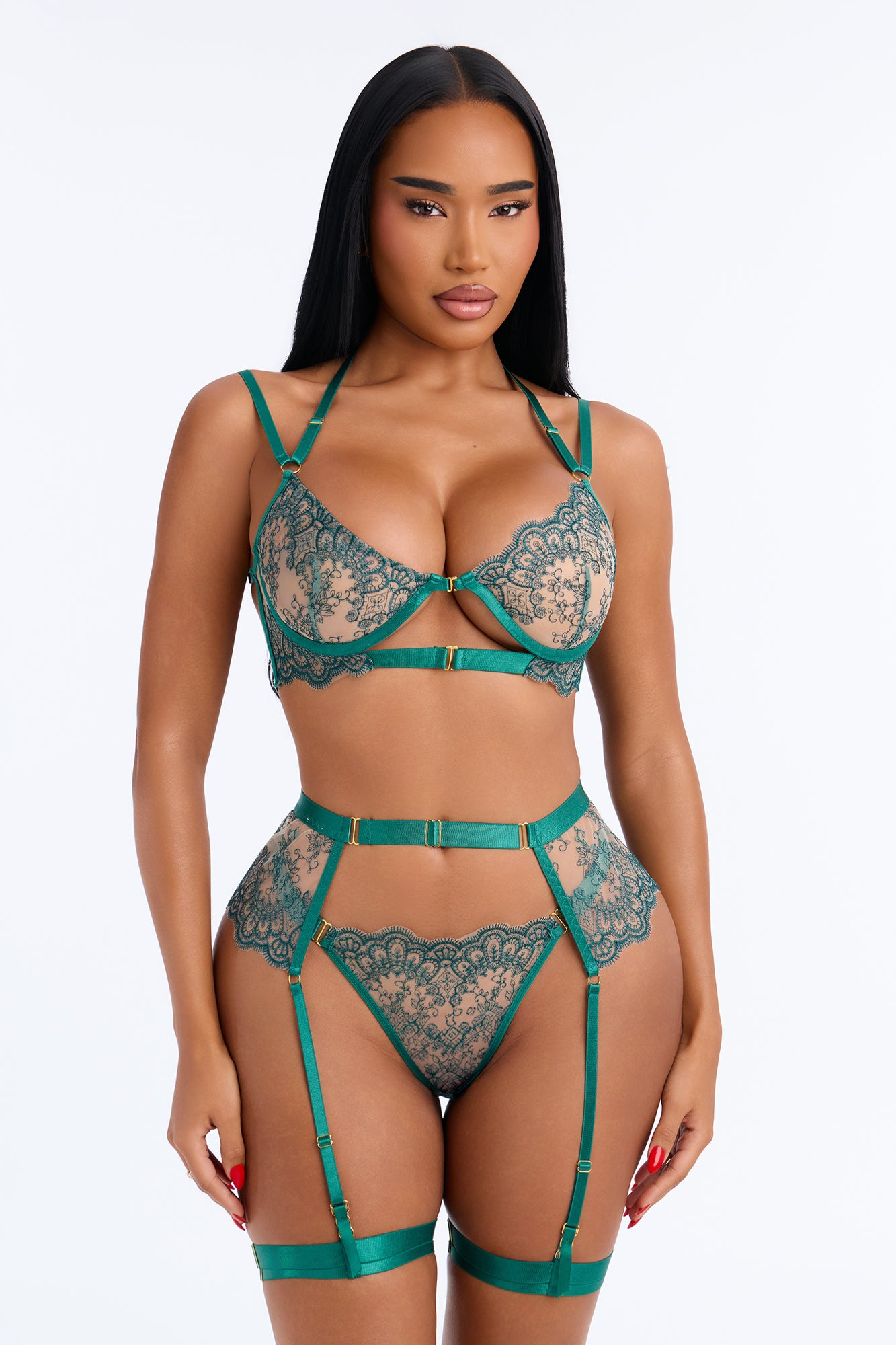Verina Mesh Embroidered 3 Piece Bra & Panty Garter Set - Hunter Green