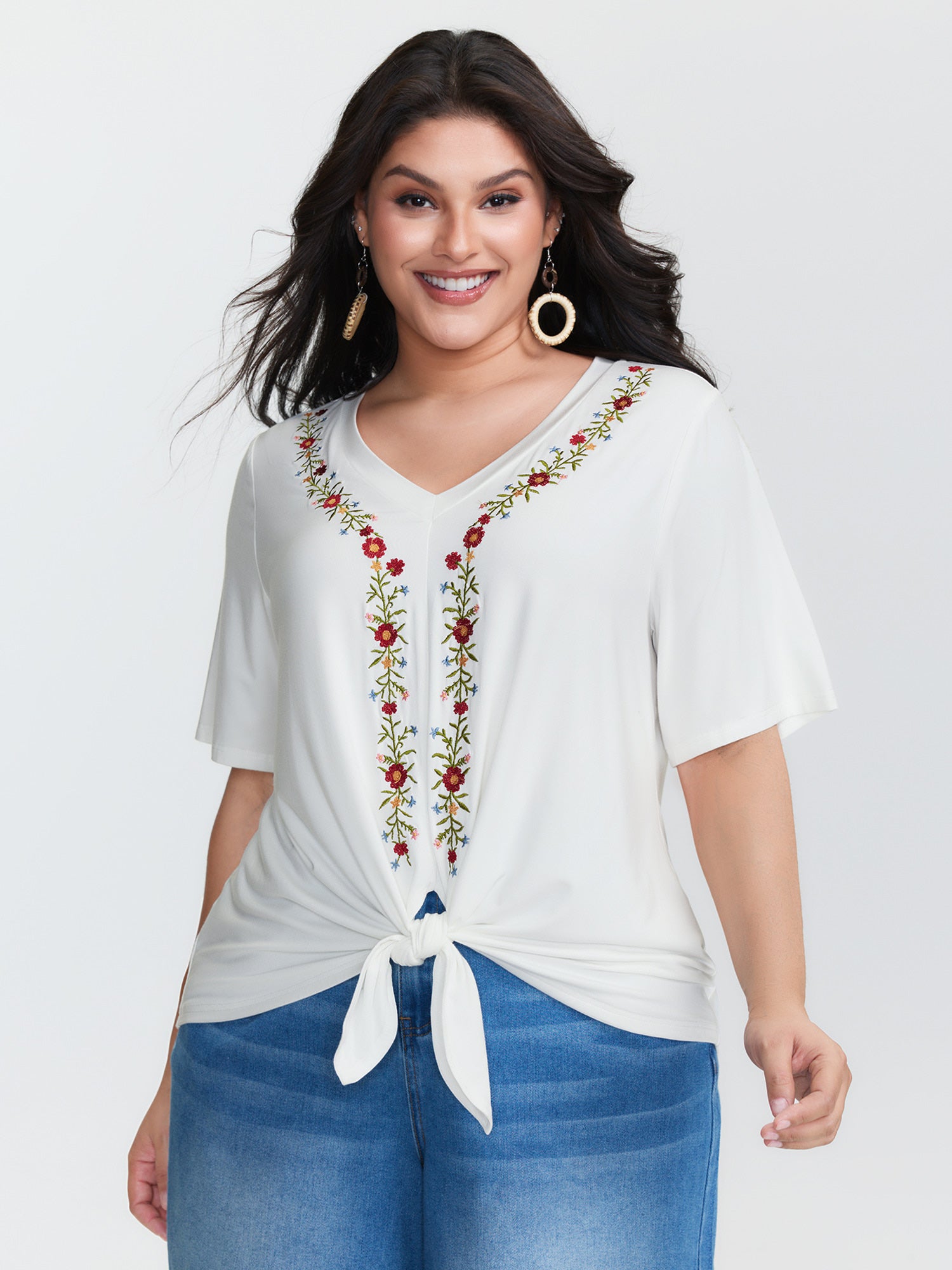 Floral Embroidered Knotted-Front Blouse