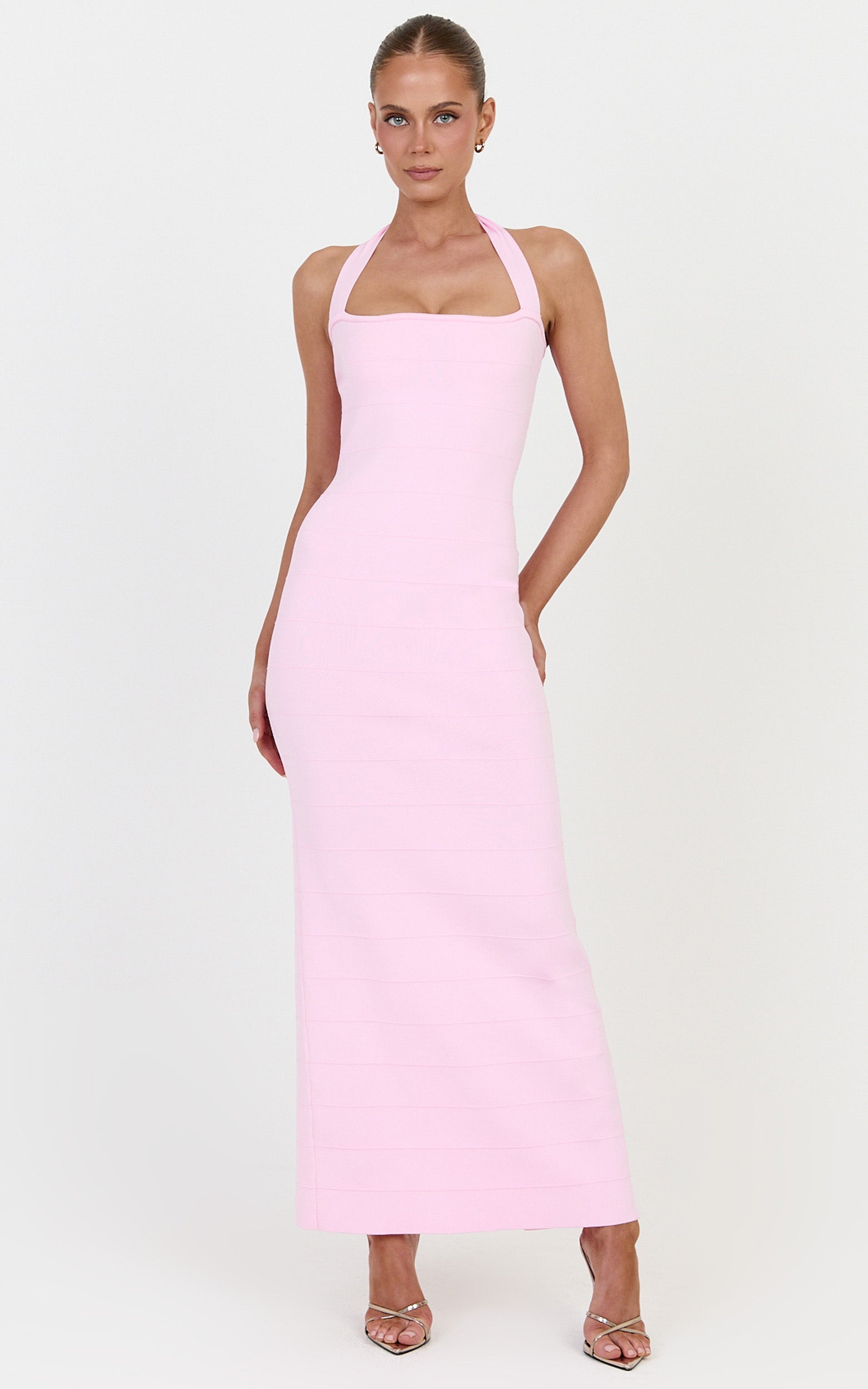 Scarlett Midi Dress - Halter Neck Bandage Knit Dress in Pink